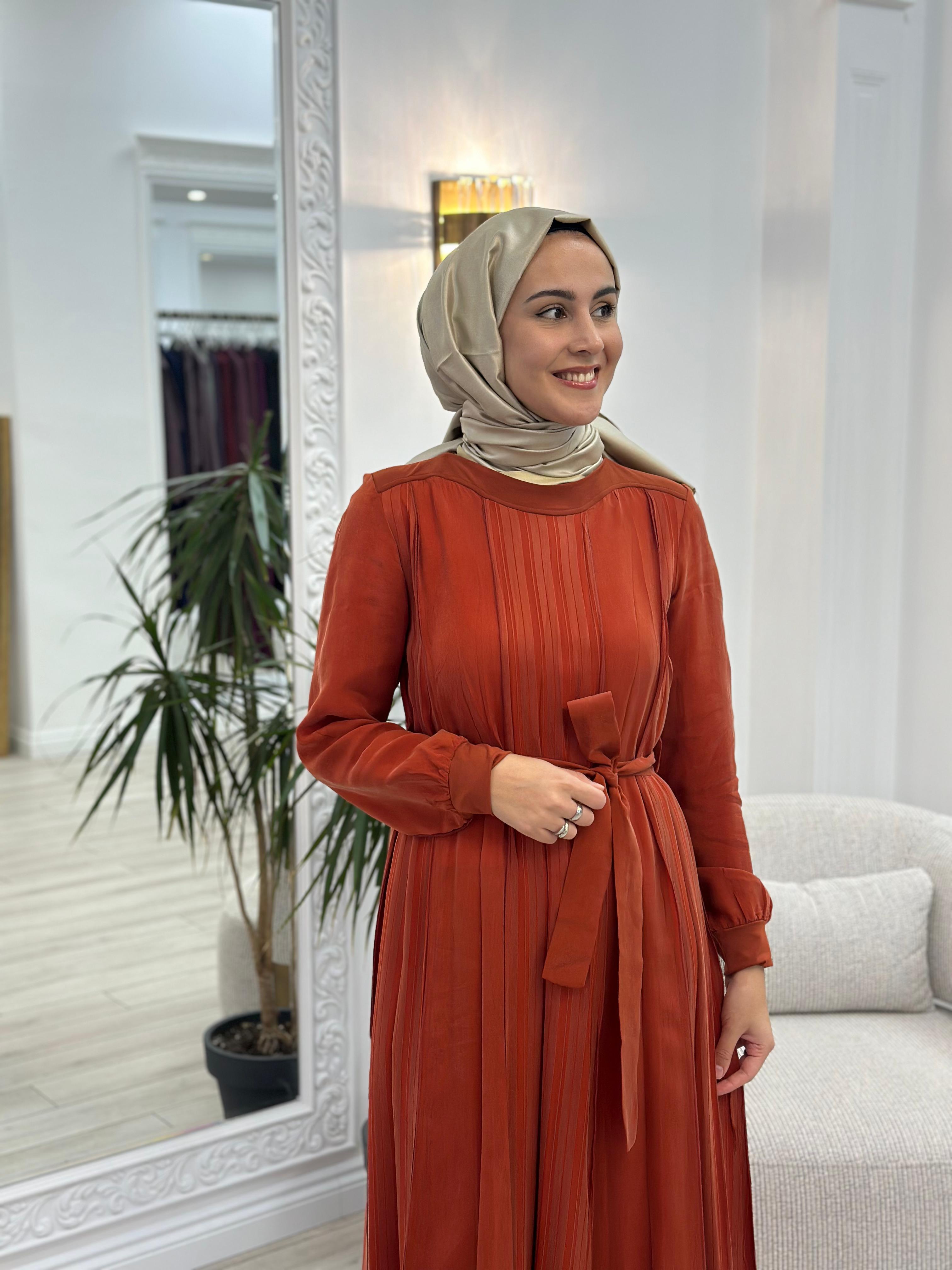 Misswhence Kendinden Çizgili Cupra Elbise Oranj 36820