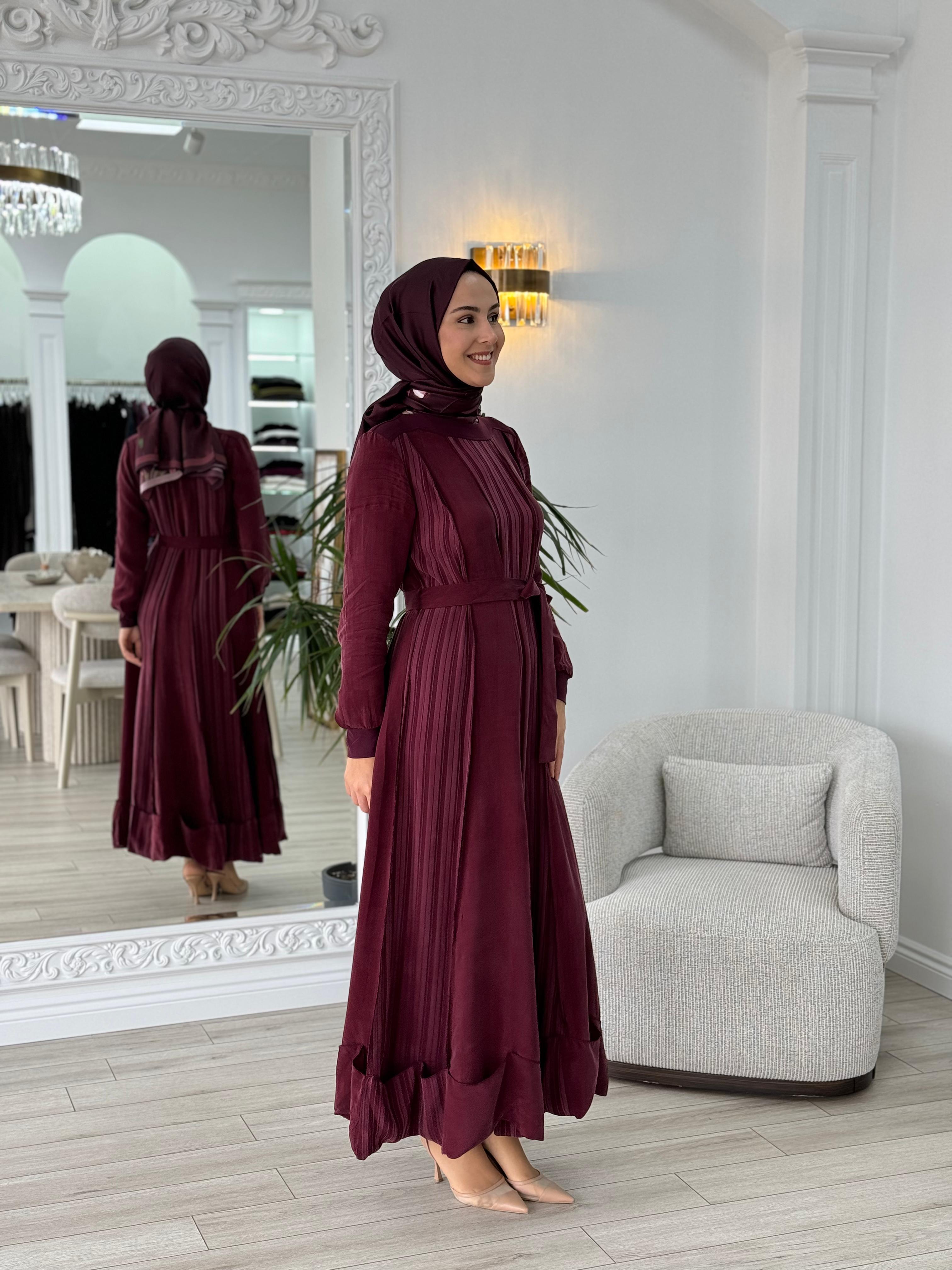 Misswhence Kendinden Çizgili Cupra Elbise Bordo 36820