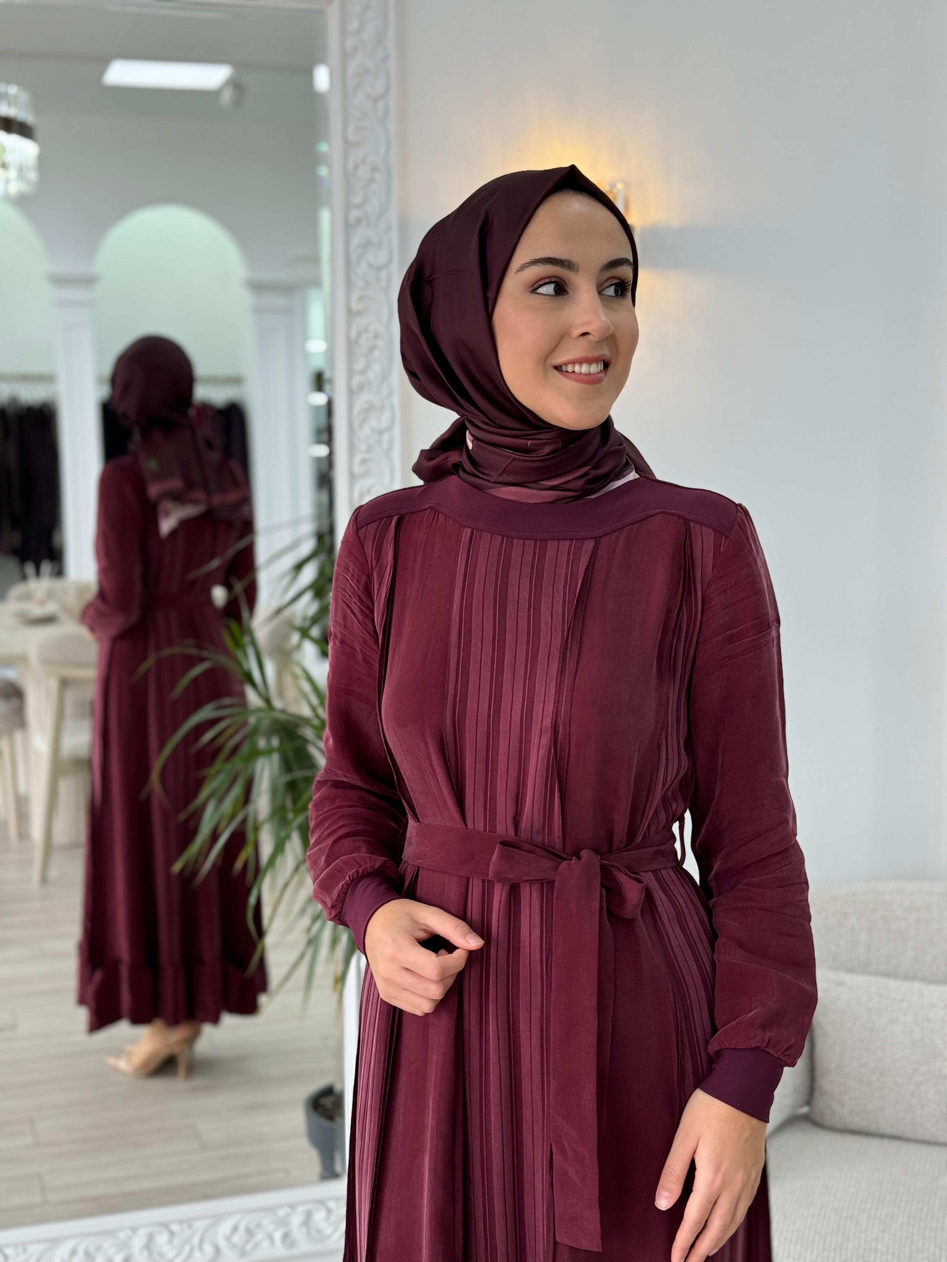 Misswhence Kendinden Çizgili Cupra Elbise Bordo 36820