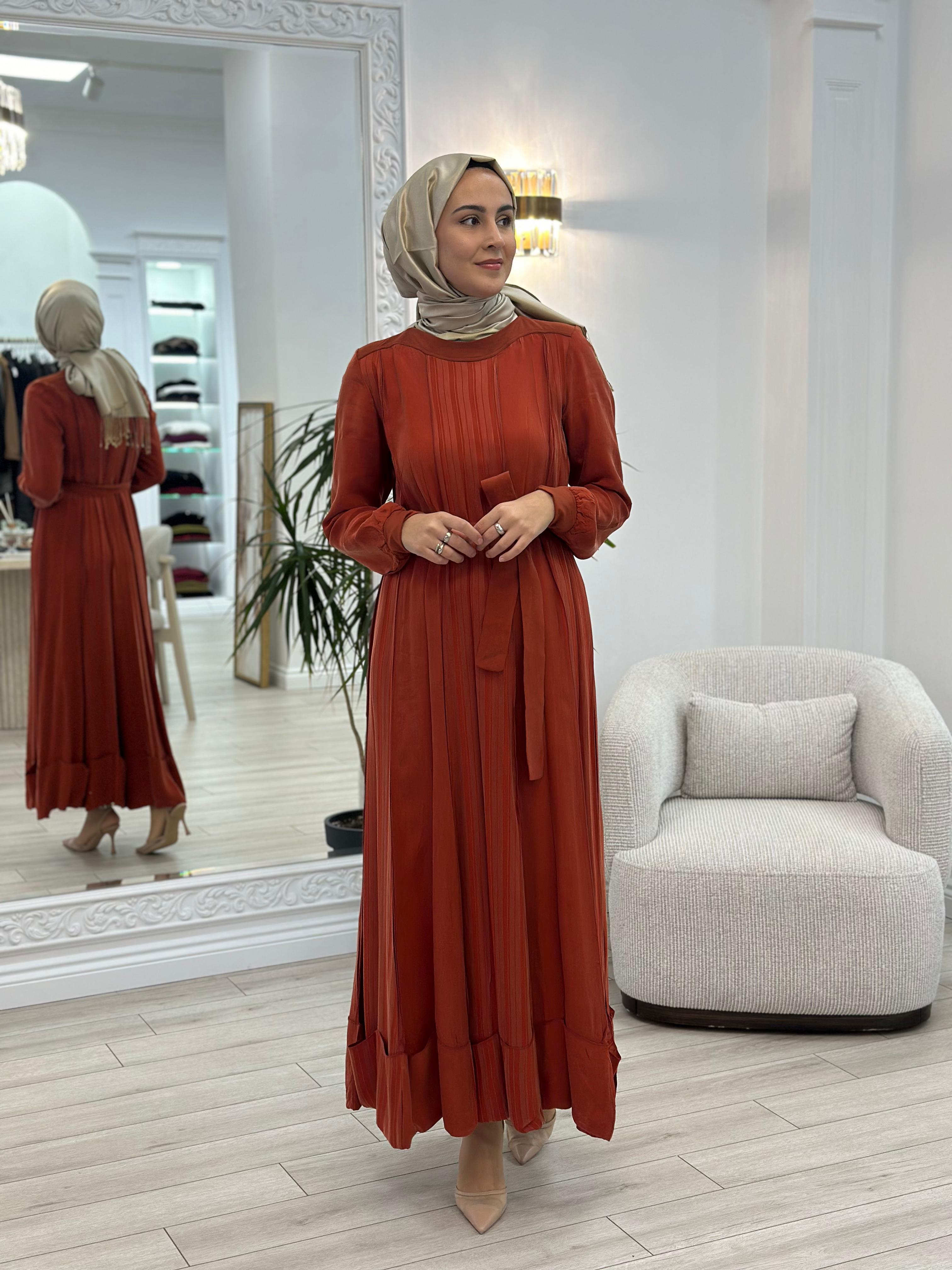 Misswhence Kendinden Çizgili Cupra Elbise Oranj 36820