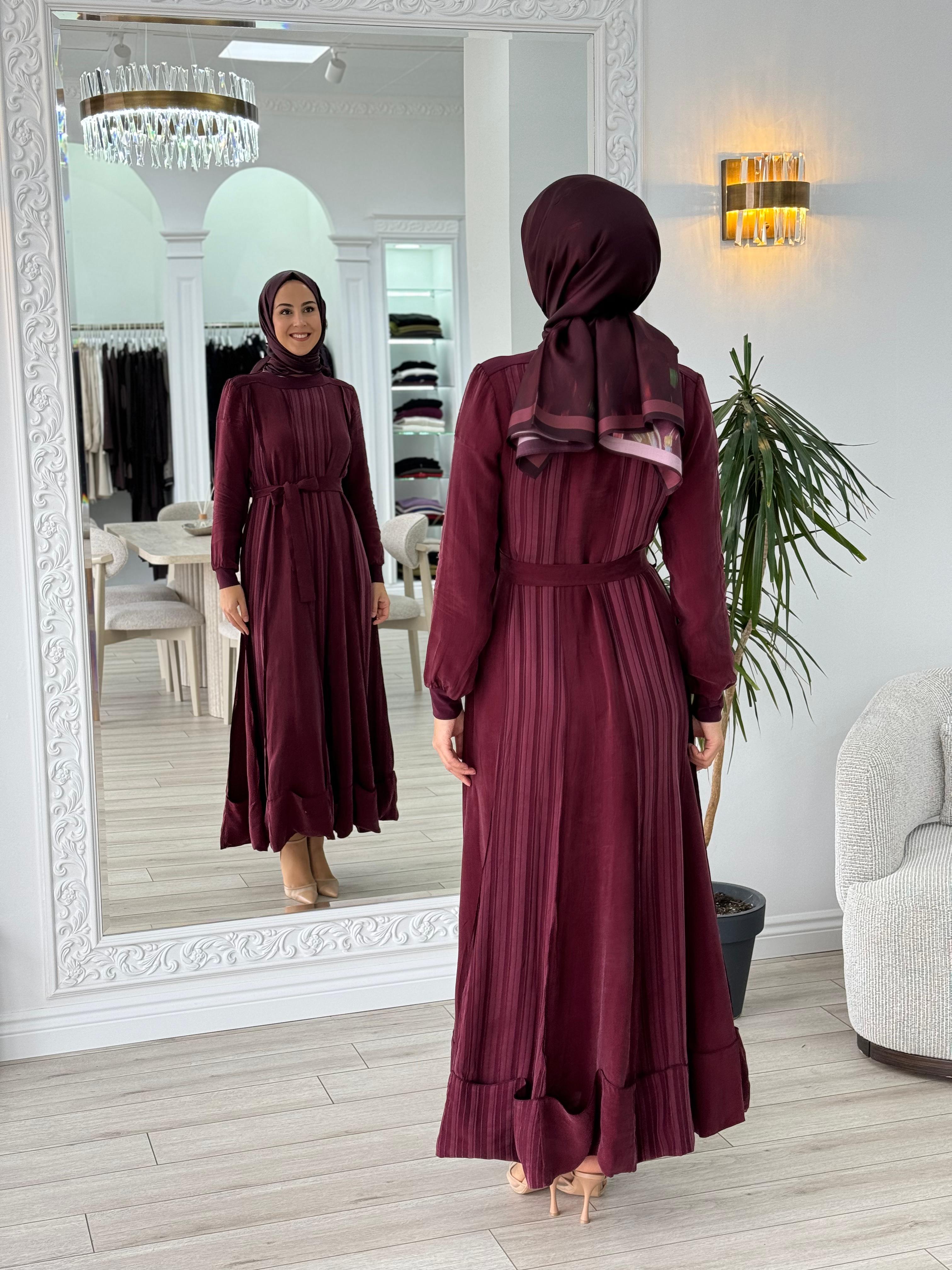Misswhence Kendinden Çizgili Cupra Elbise Bordo 36820