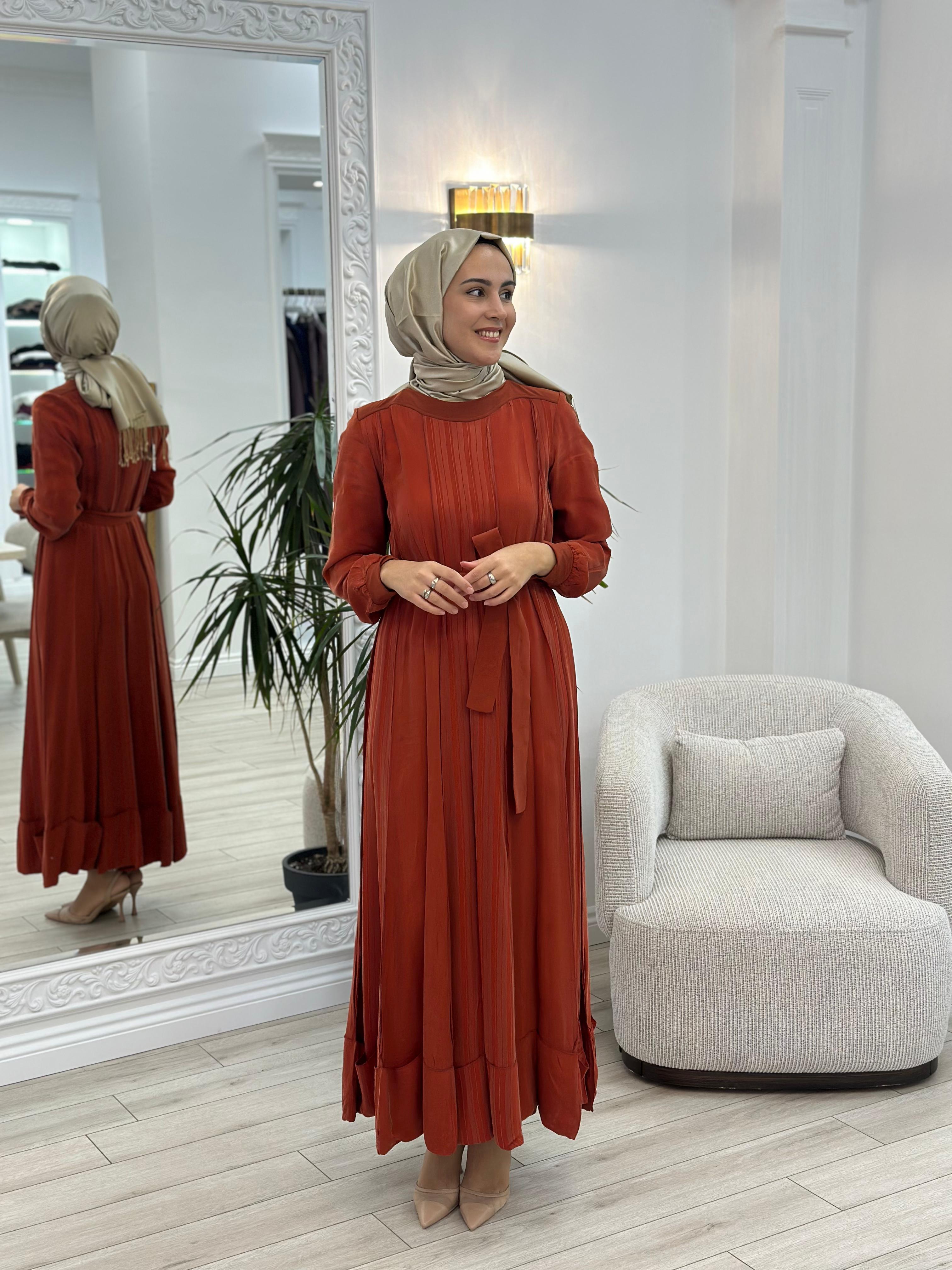 Misswhence Kendinden Çizgili Cupra Elbise Oranj 36820