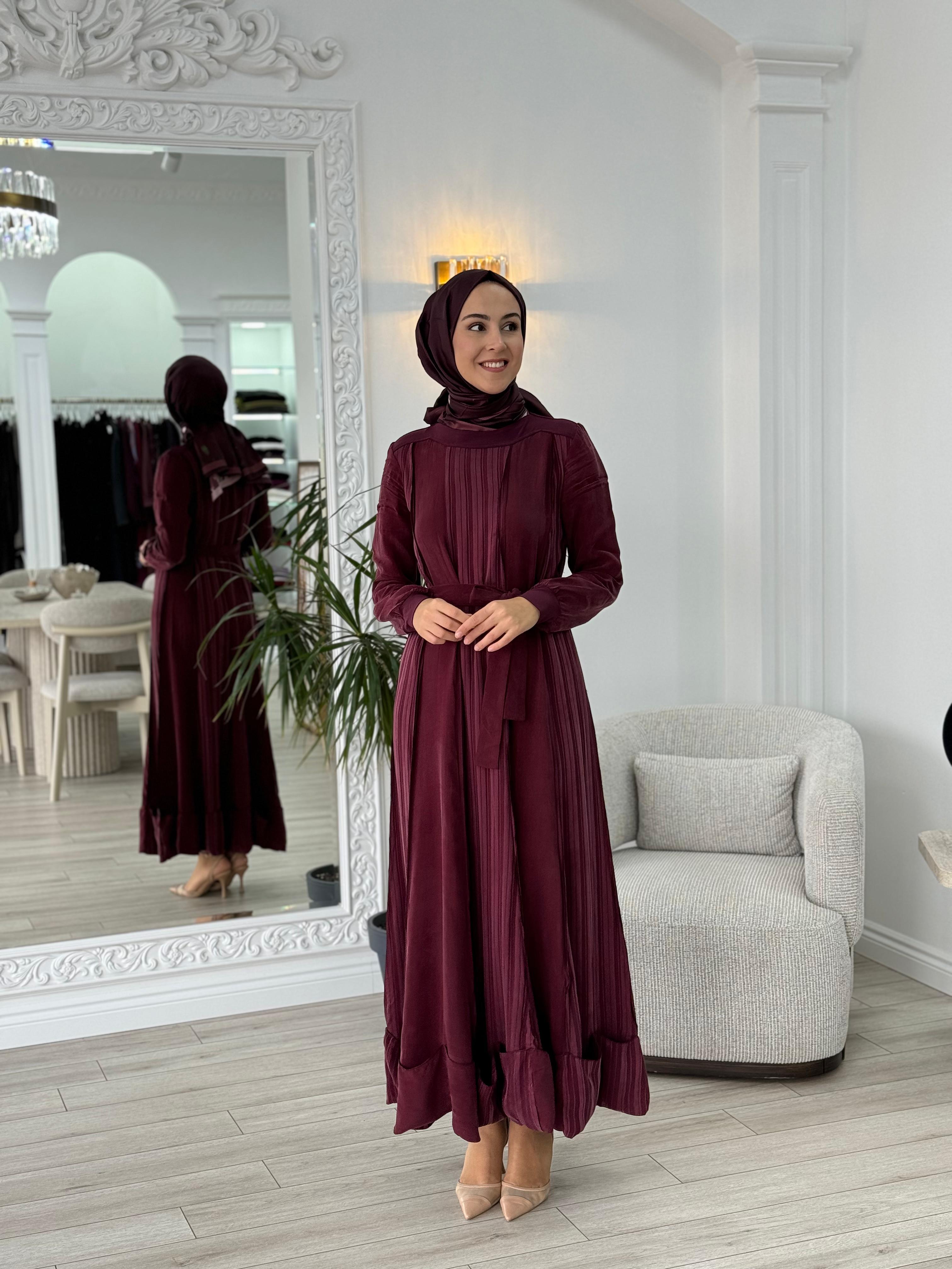 Misswhence Kendinden Çizgili Cupra Elbise Bordo 36820