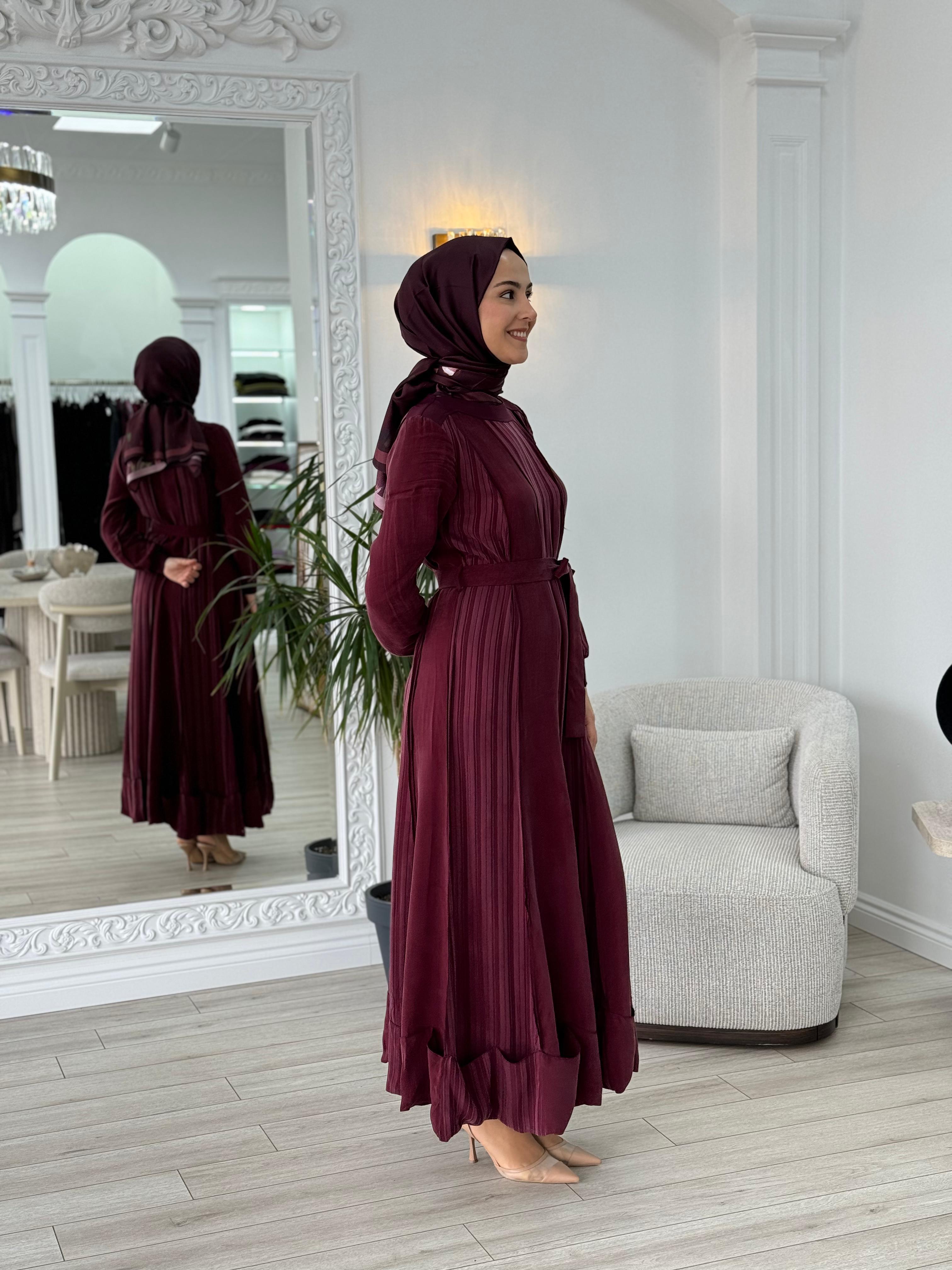 Misswhence Kendinden Çizgili Cupra Elbise Bordo 36820