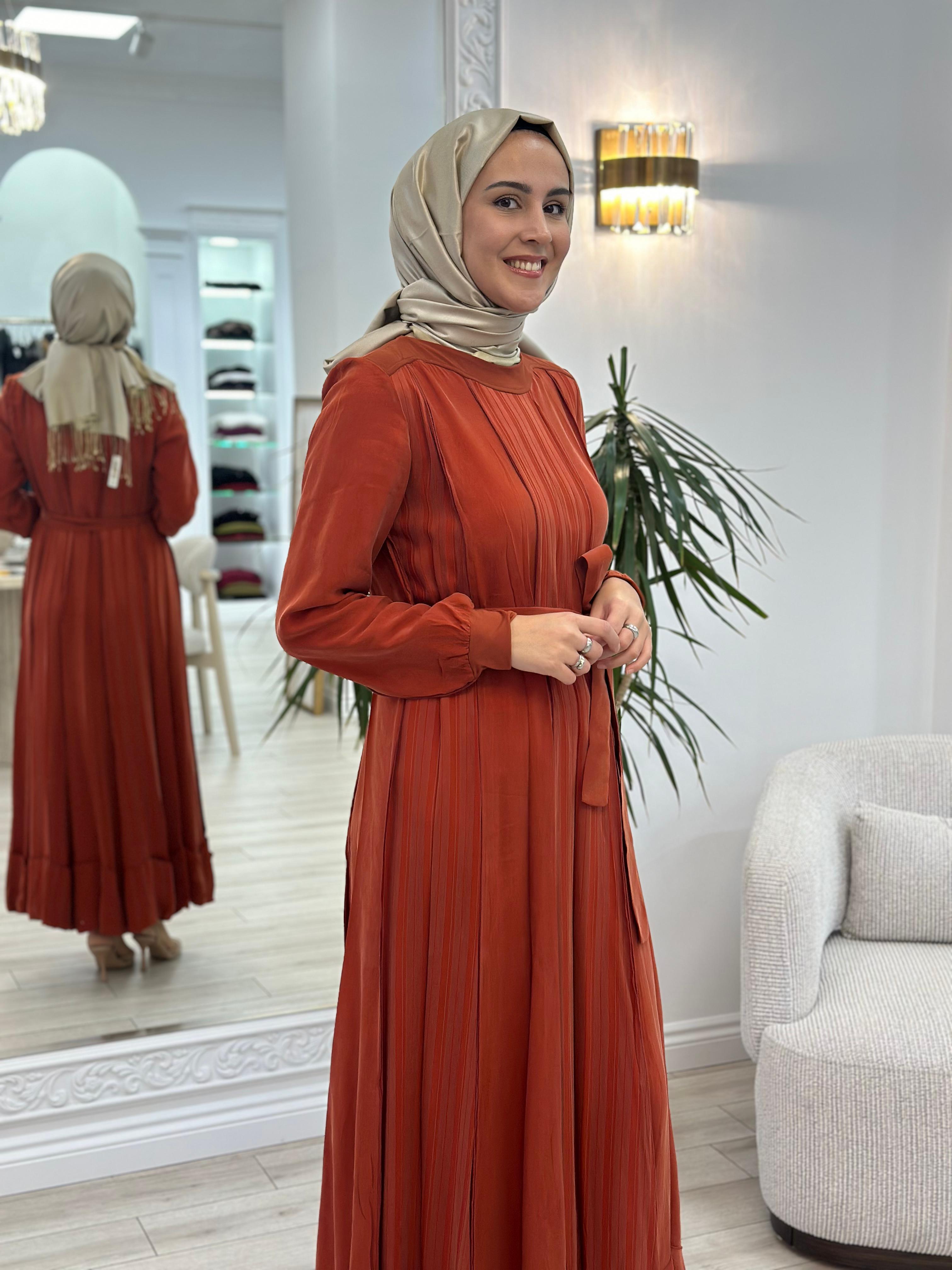 Misswhence Kendinden Çizgili Cupra Elbise Oranj 36820