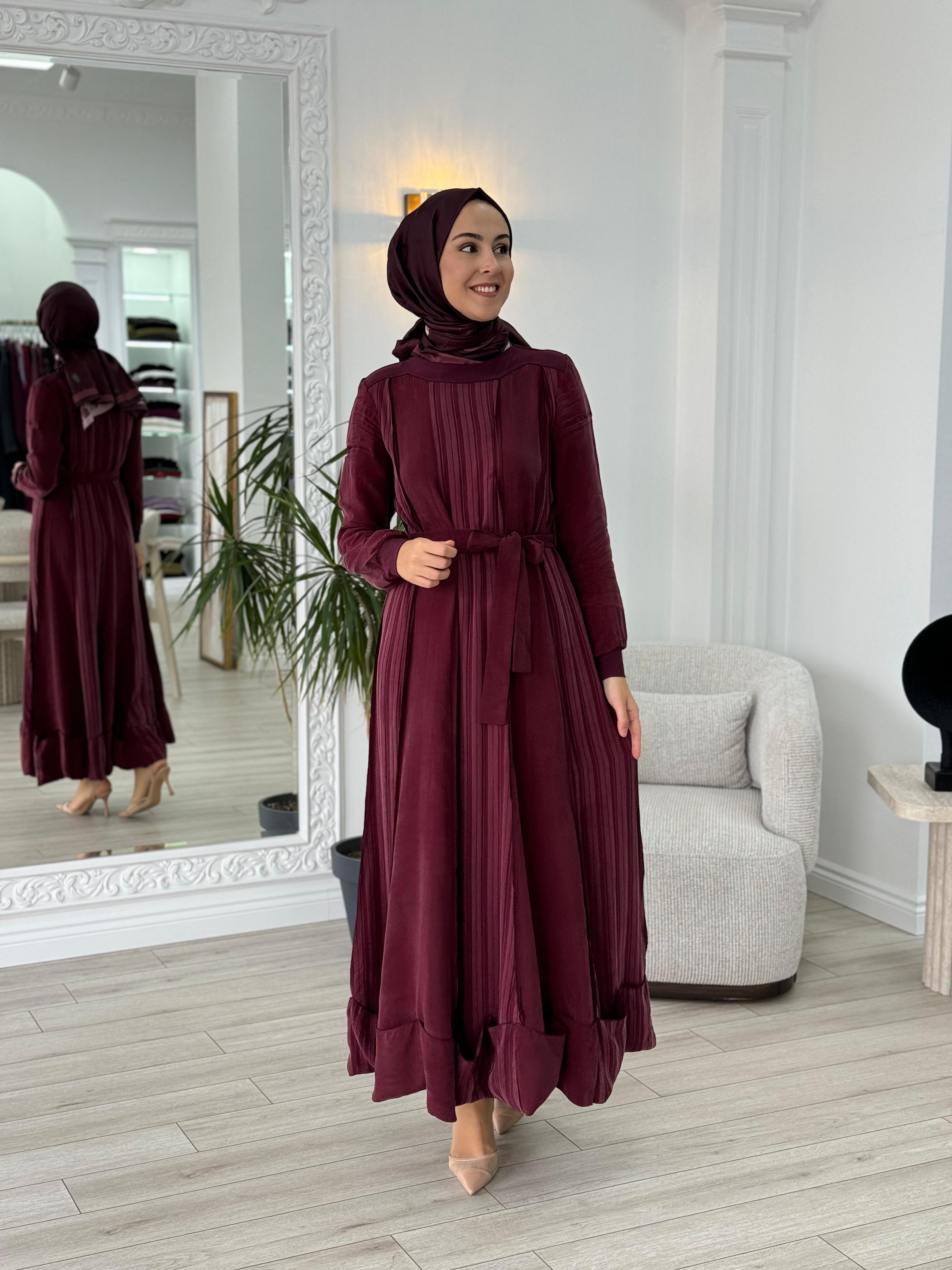 Misswhence Kendinden Çizgili Cupra Elbise Bordo 36820