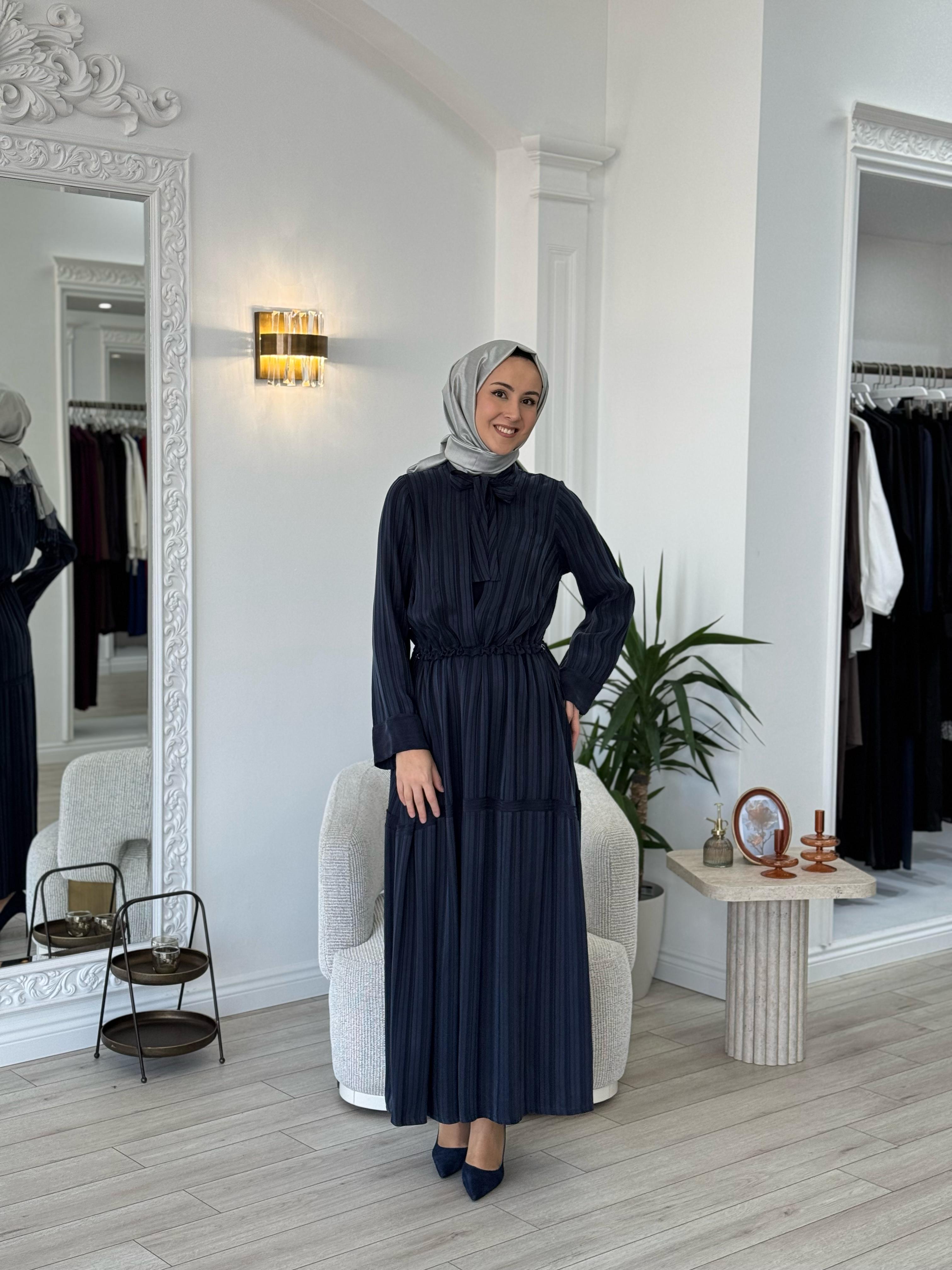 Misswhence Kendinden Desenli Elbise Lacivert 37810
