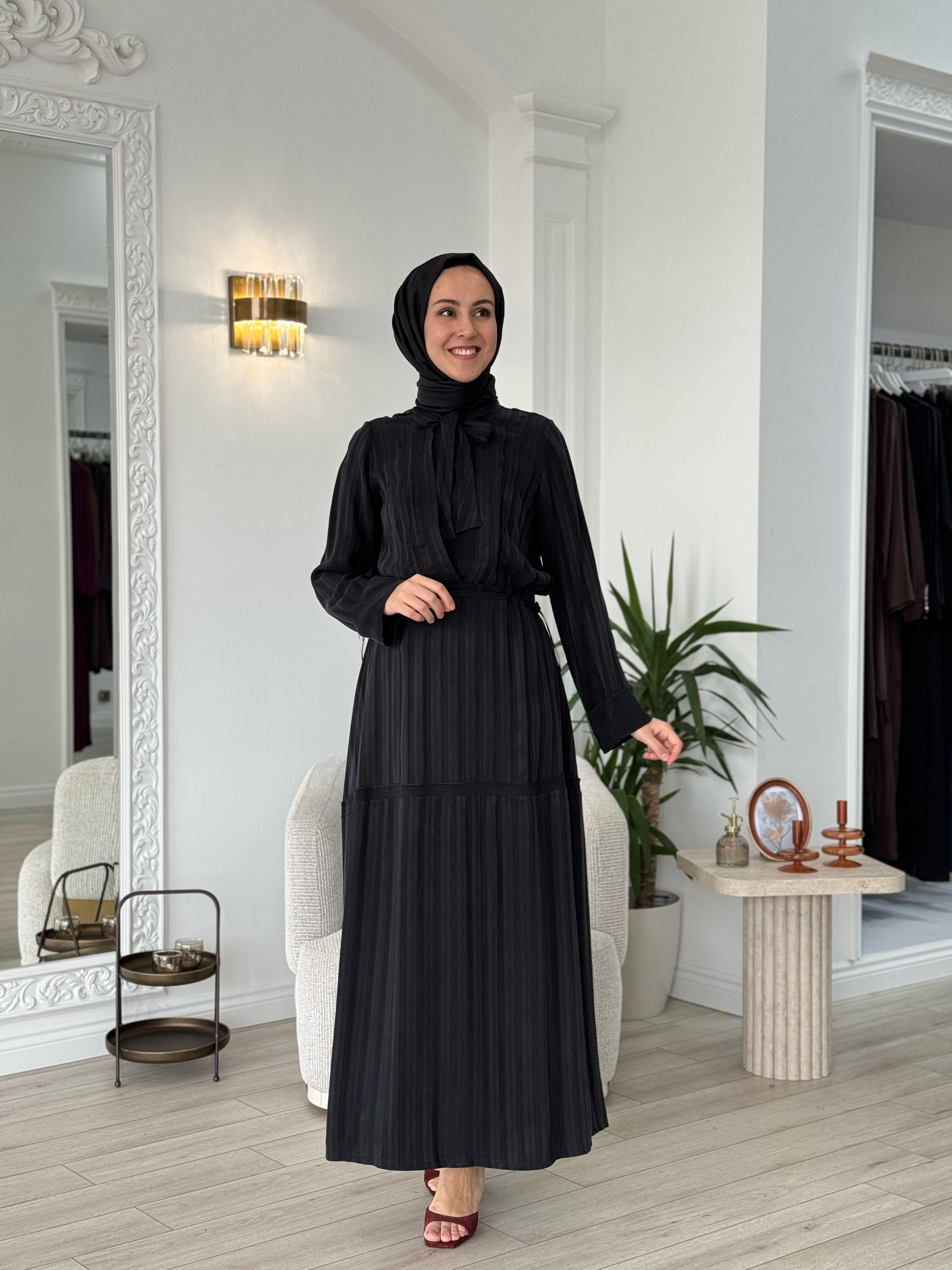 Misswhence Kendinden Desenli Elbise Siyah 37810