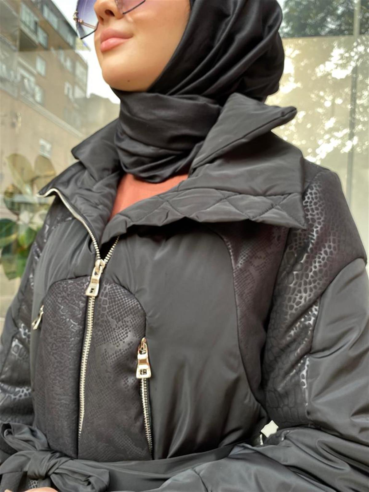 MissWhence Kendinden Desenli Şişme Mont Siyah 34506