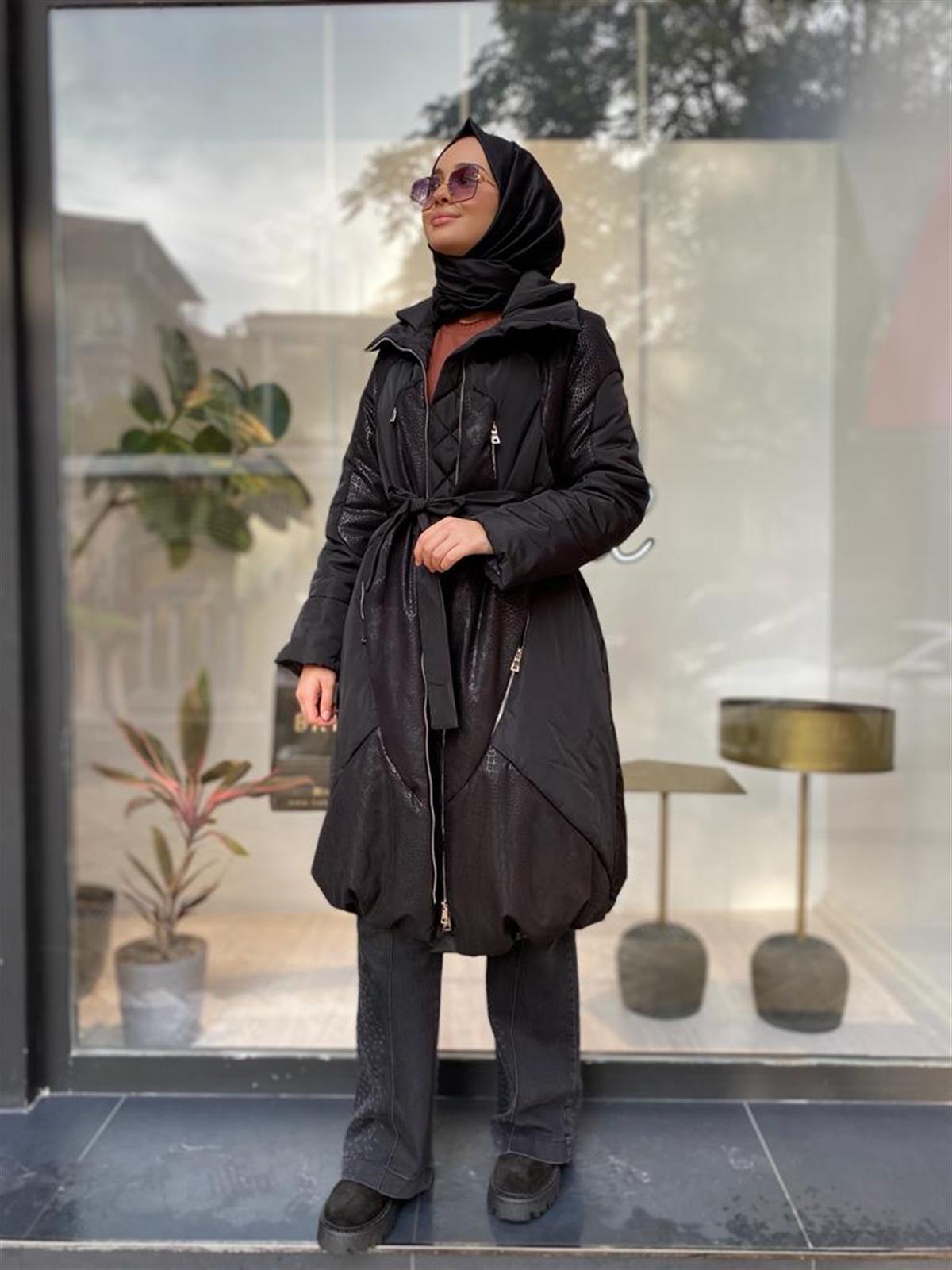MissWhence Kendinden Desenli Şişme Mont Siyah 34506