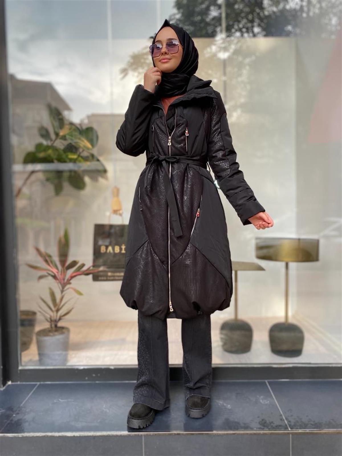 MissWhence Kendinden Desenli Şişme Mont Siyah 34506