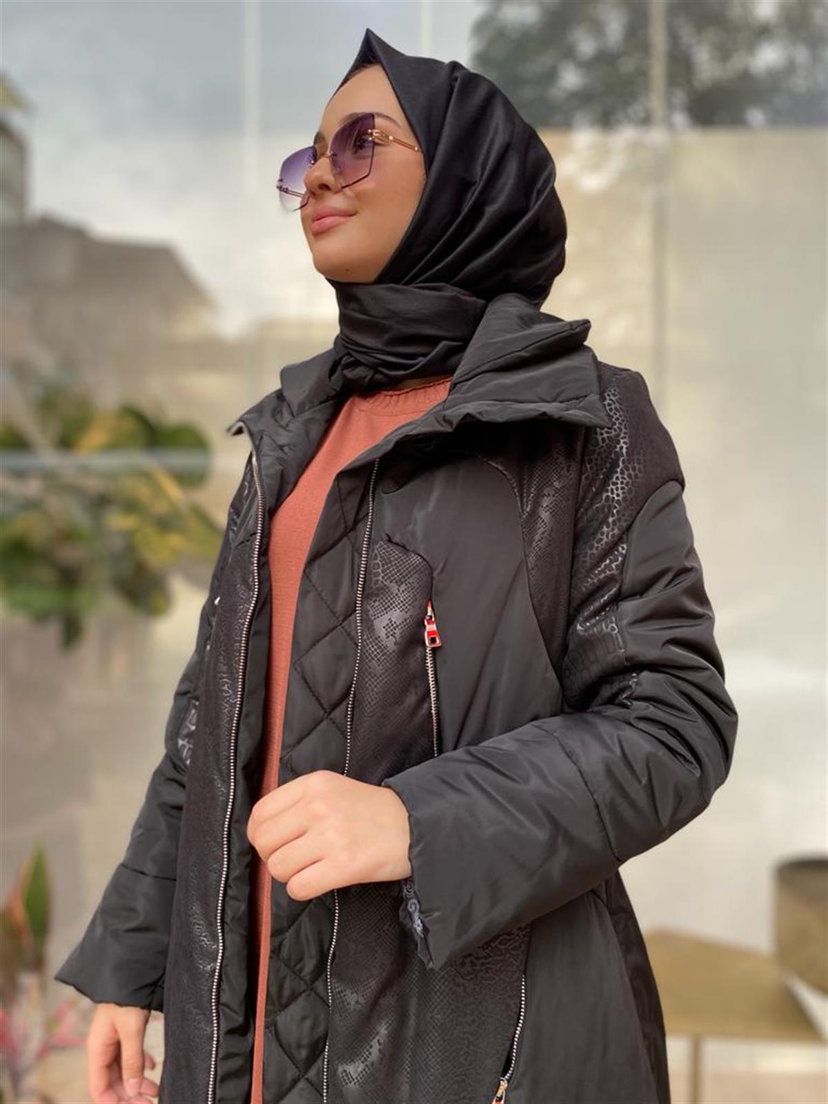 MissWhence Kendinden Desenli Şişme Mont Siyah 34506