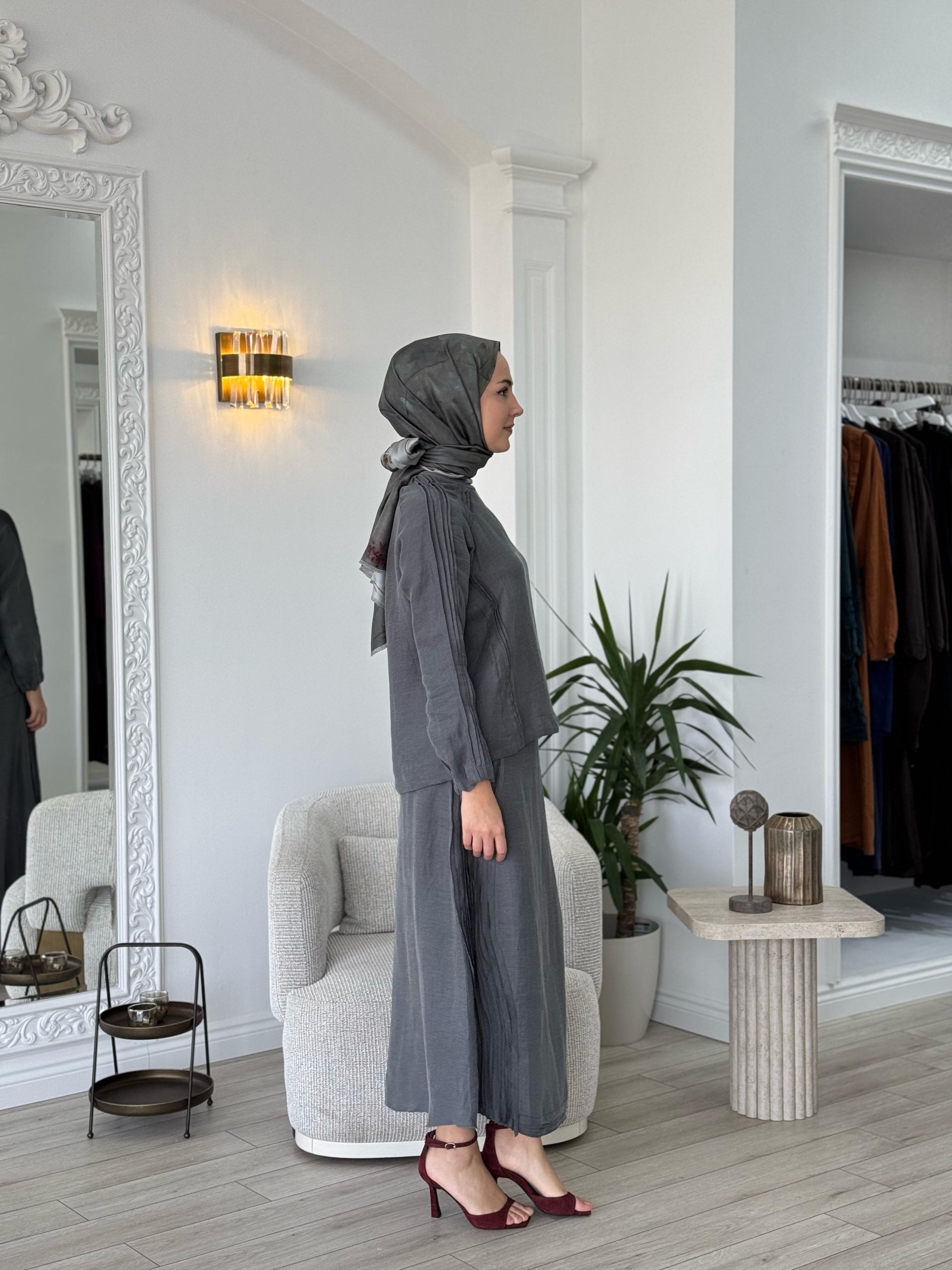 Misswhence Keten Etekli Takım Gri  37009