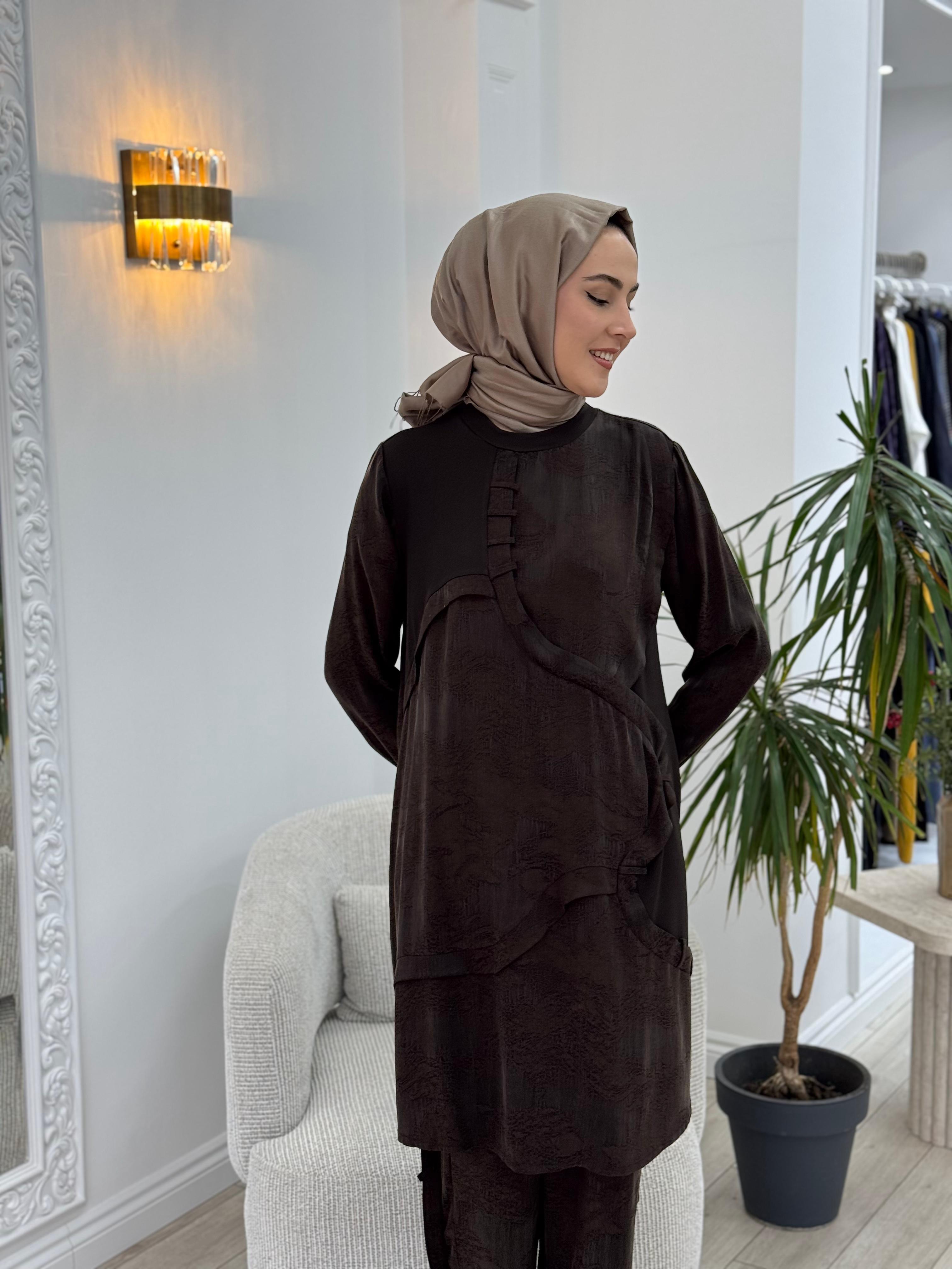 Misswhence Kumaş Detaylı Tunik Kahverengi 36007