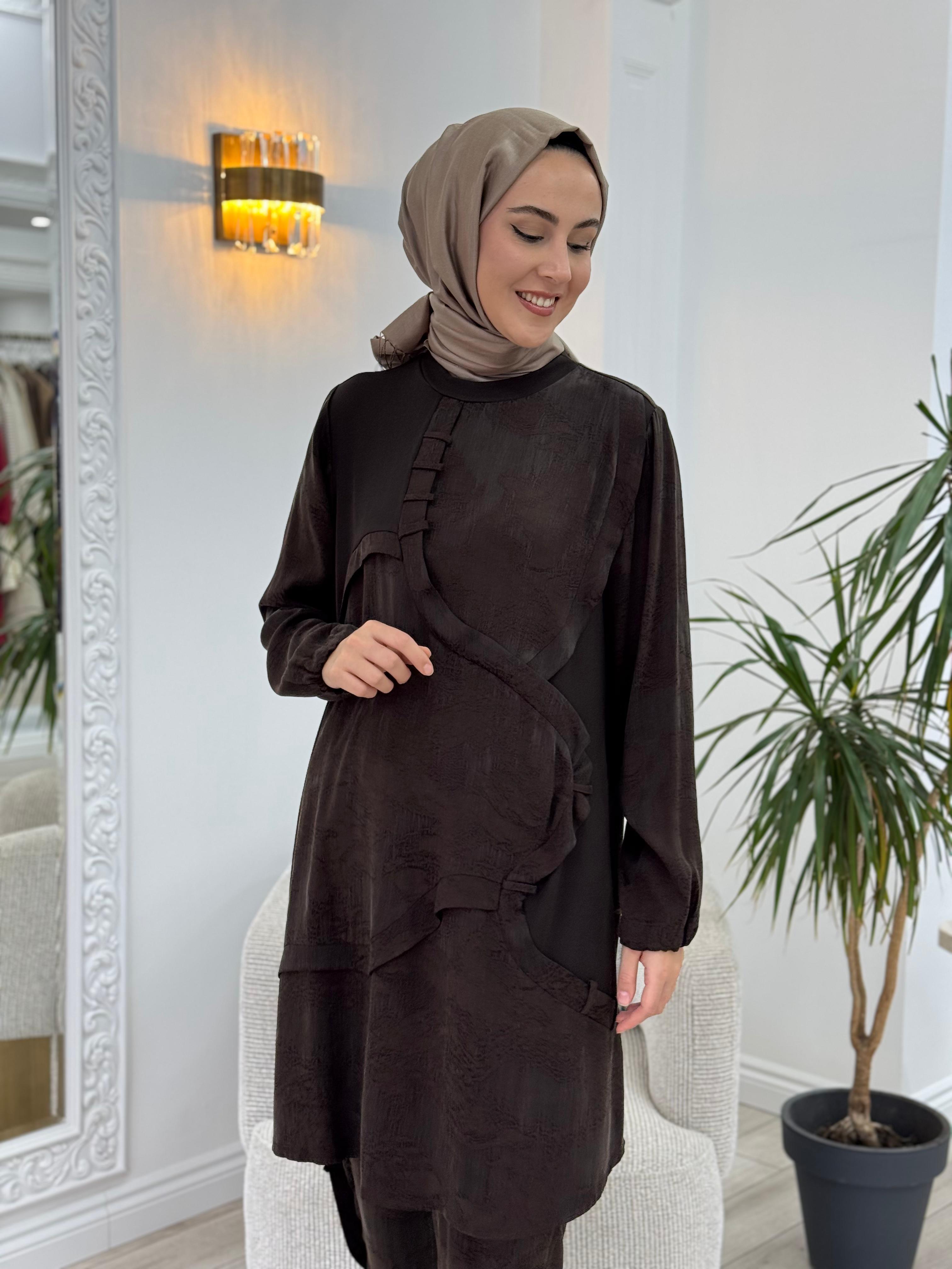 Misswhence Kumaş Detaylı Tunik Kahverengi 36007