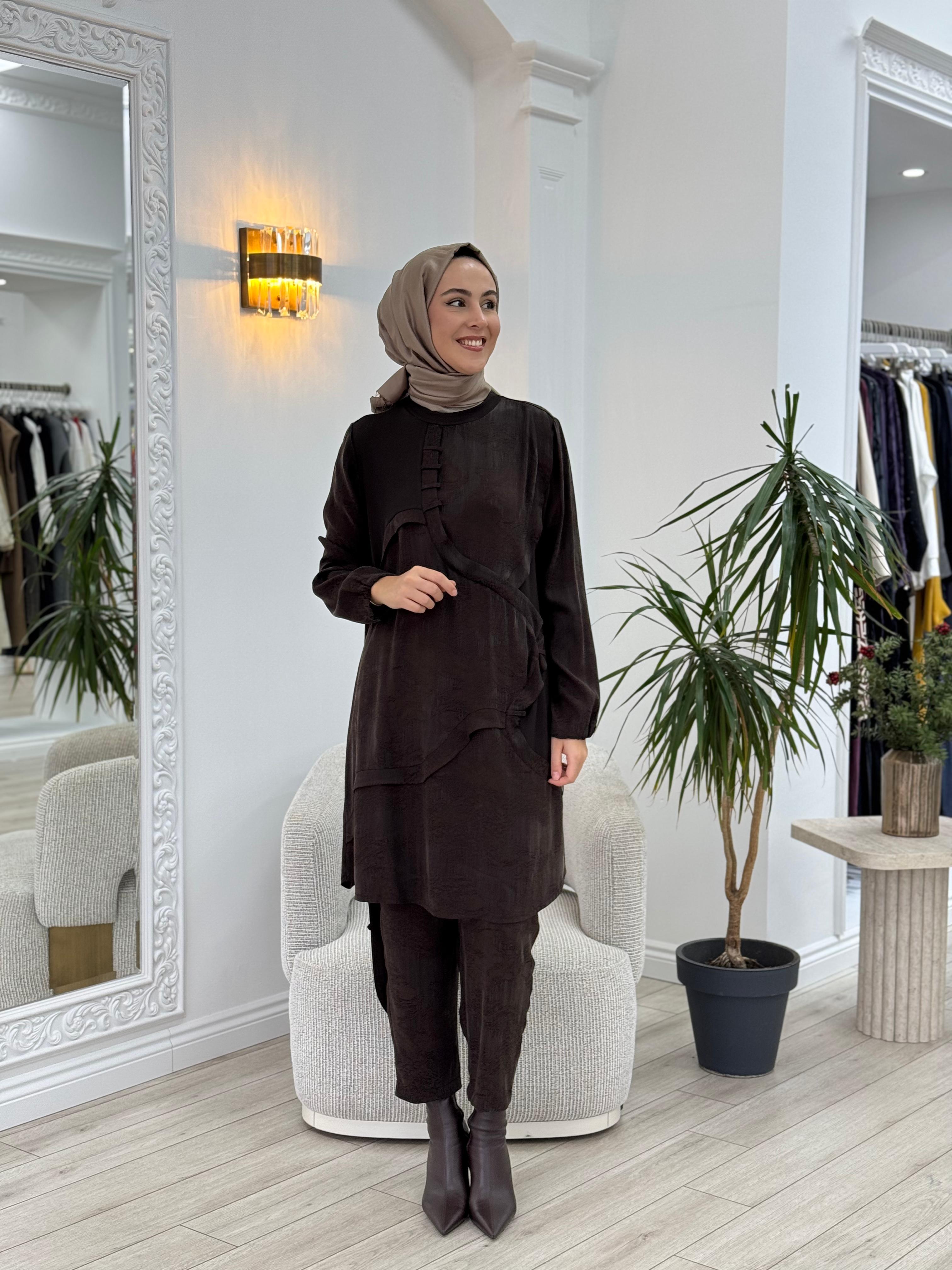 Misswhence Kumaş Detaylı Tunik Kahverengi 36007