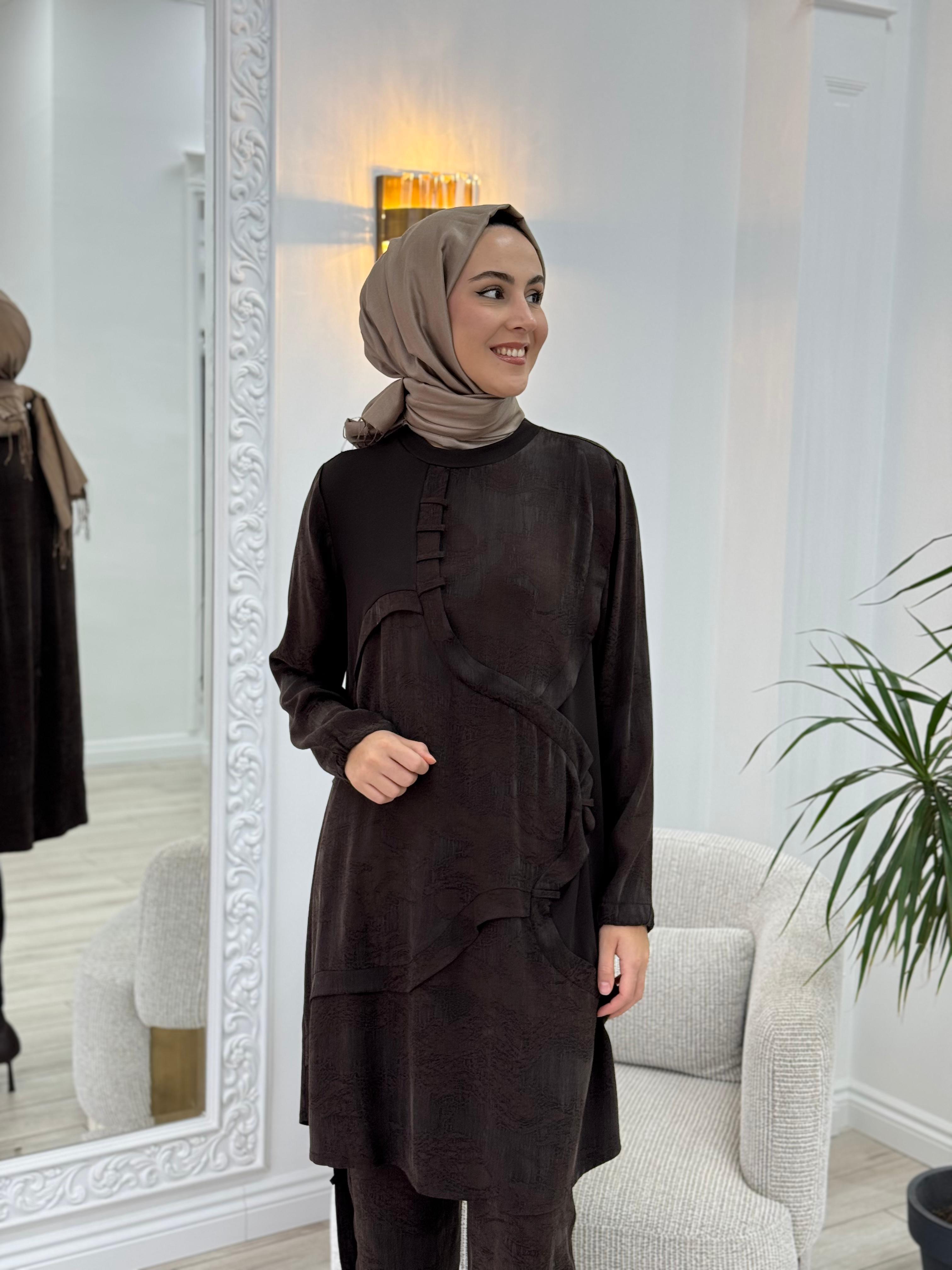 Misswhence Kumaş Detaylı Tunik Kahverengi 36007