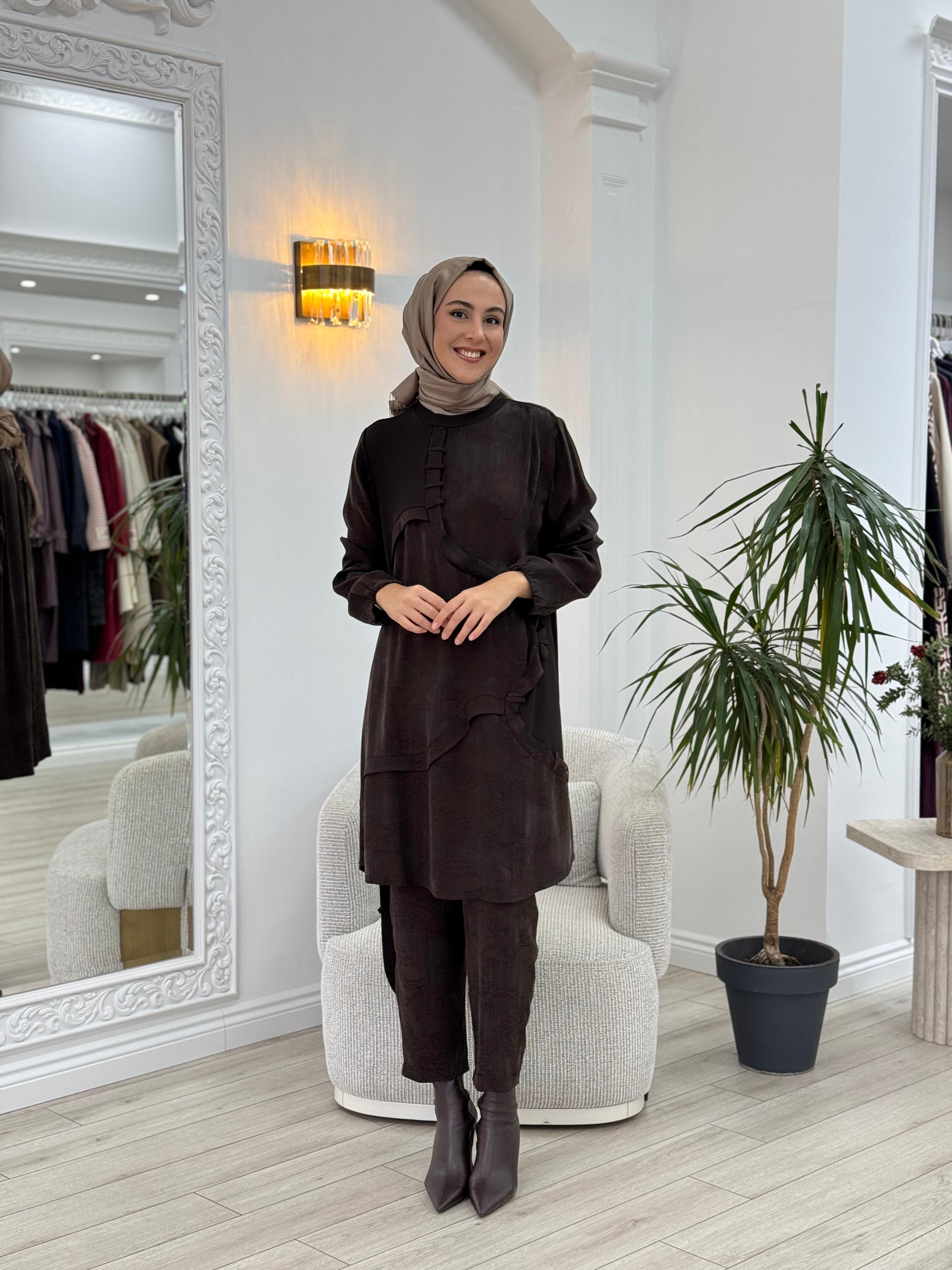 Misswhence Kumaş Detaylı Tunik Kahverengi 36007