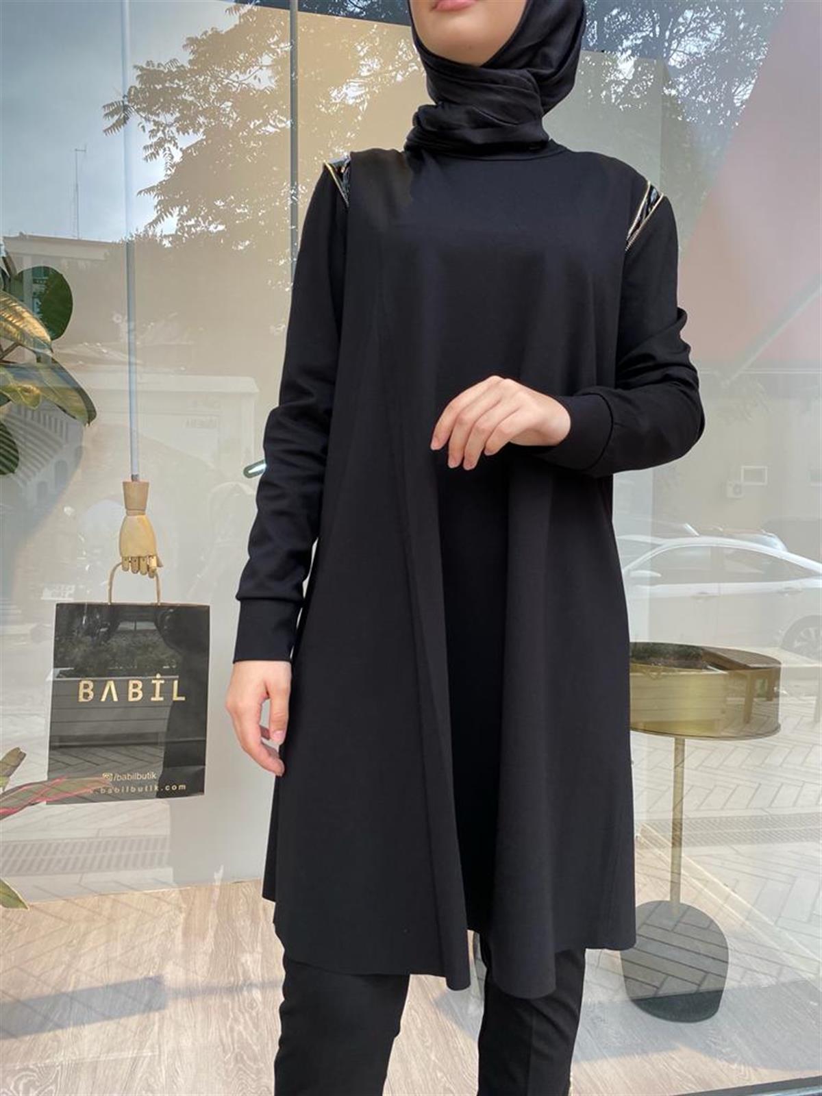 Misswhence Omzu Fermuarlı Uzun Siyah Tunik 34012