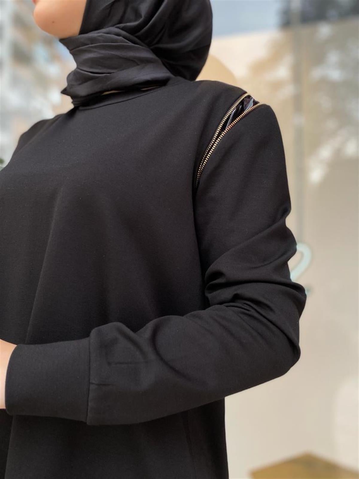 Misswhence Omzu Fermuarlı Uzun Siyah Tunik 34012