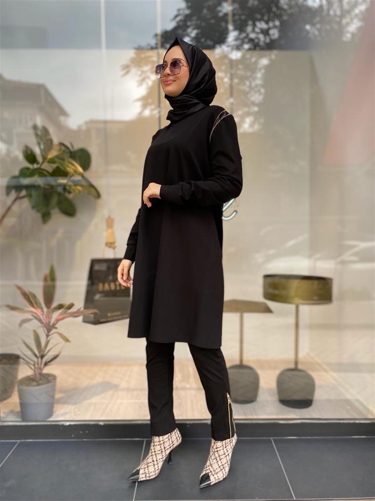 Misswhence Omzu Fermuarlı Uzun Siyah Tunik 34012