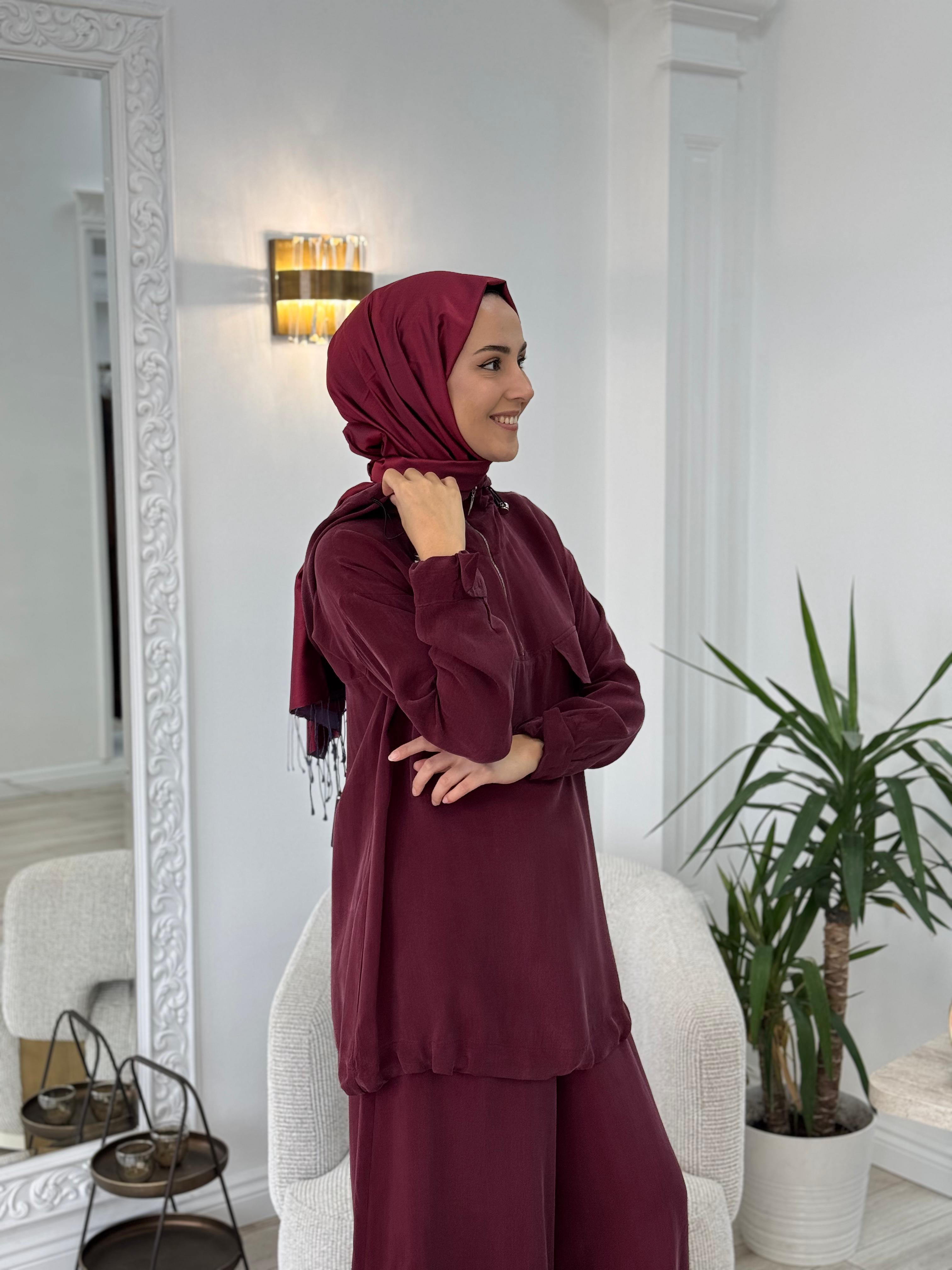 Misswhence Pantolonlu İpek Takım Bordo 37007