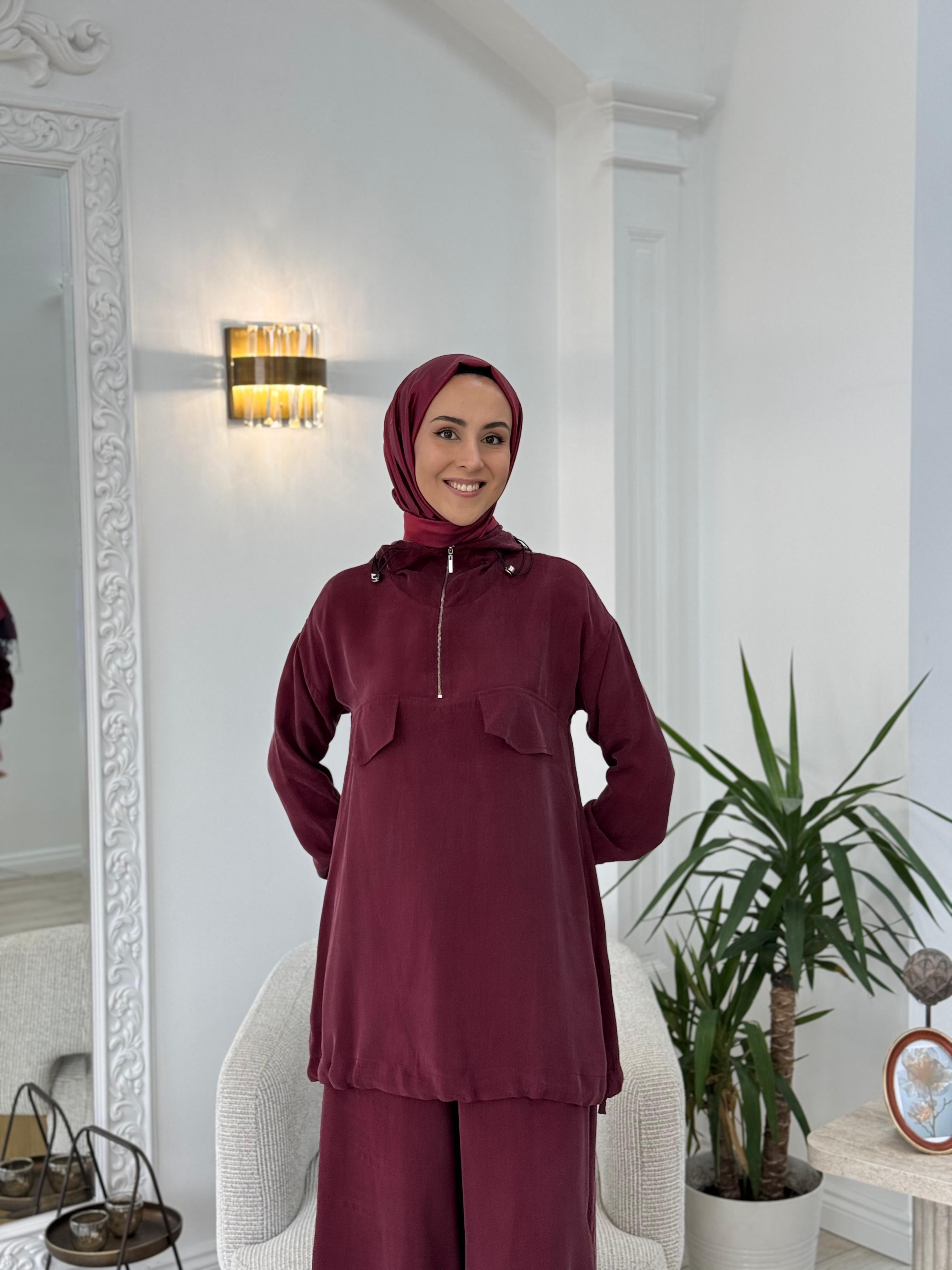 Misswhence Pantolonlu İpek Takım Bordo 37007