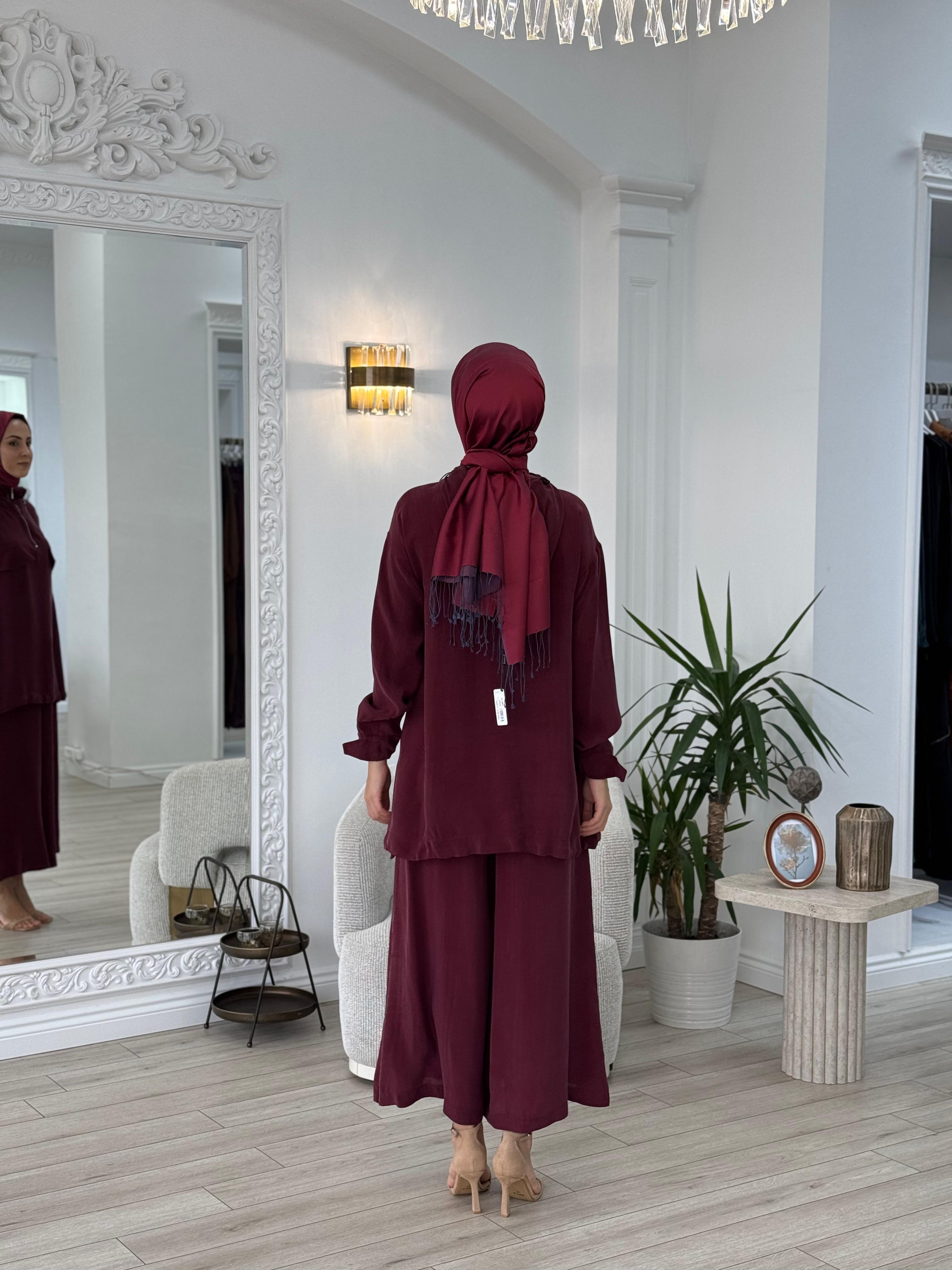 Misswhence Pantolonlu İpek Takım Bordo 37007