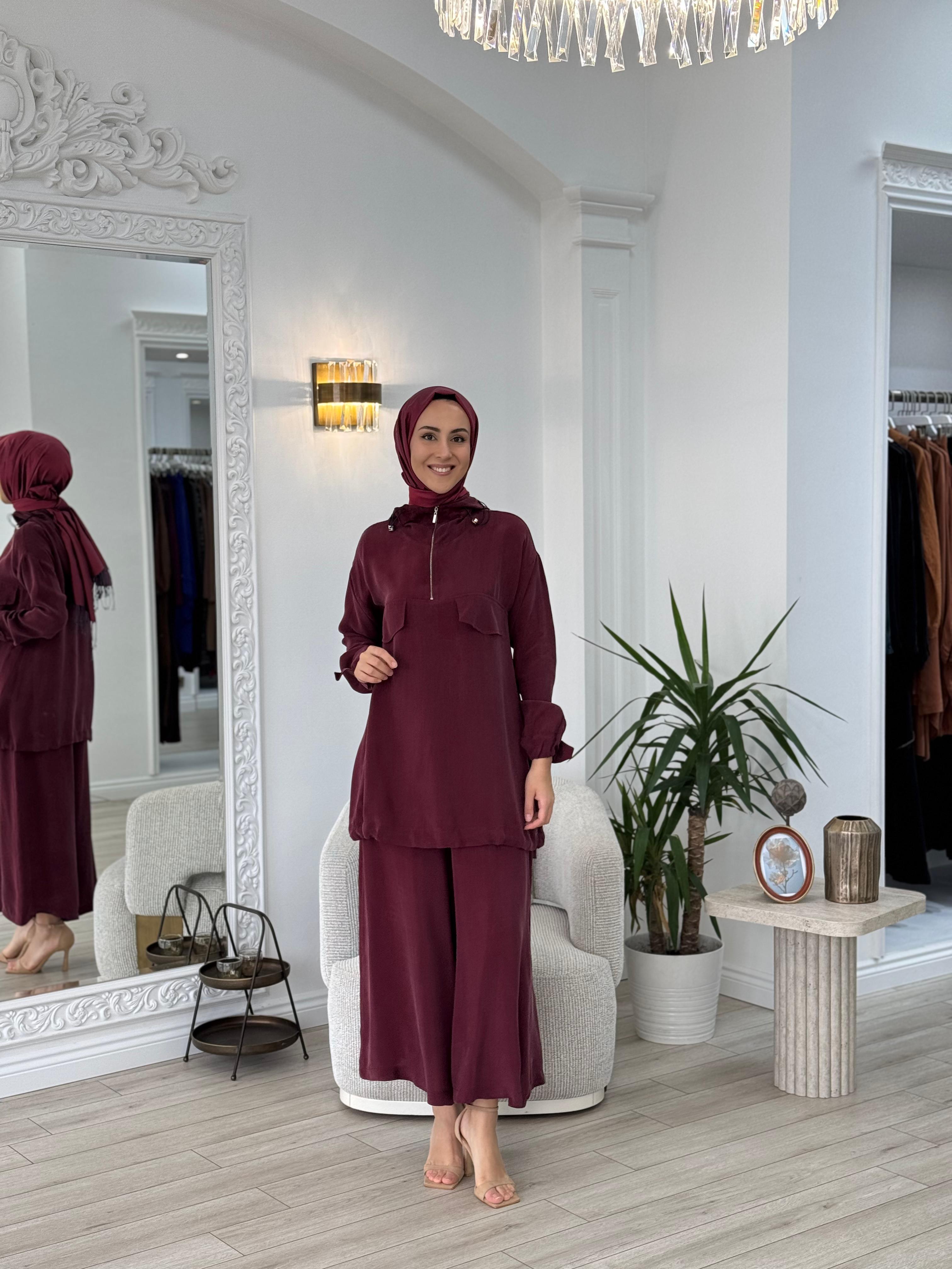 Misswhence Pantolonlu İpek Takım Bordo 37007
