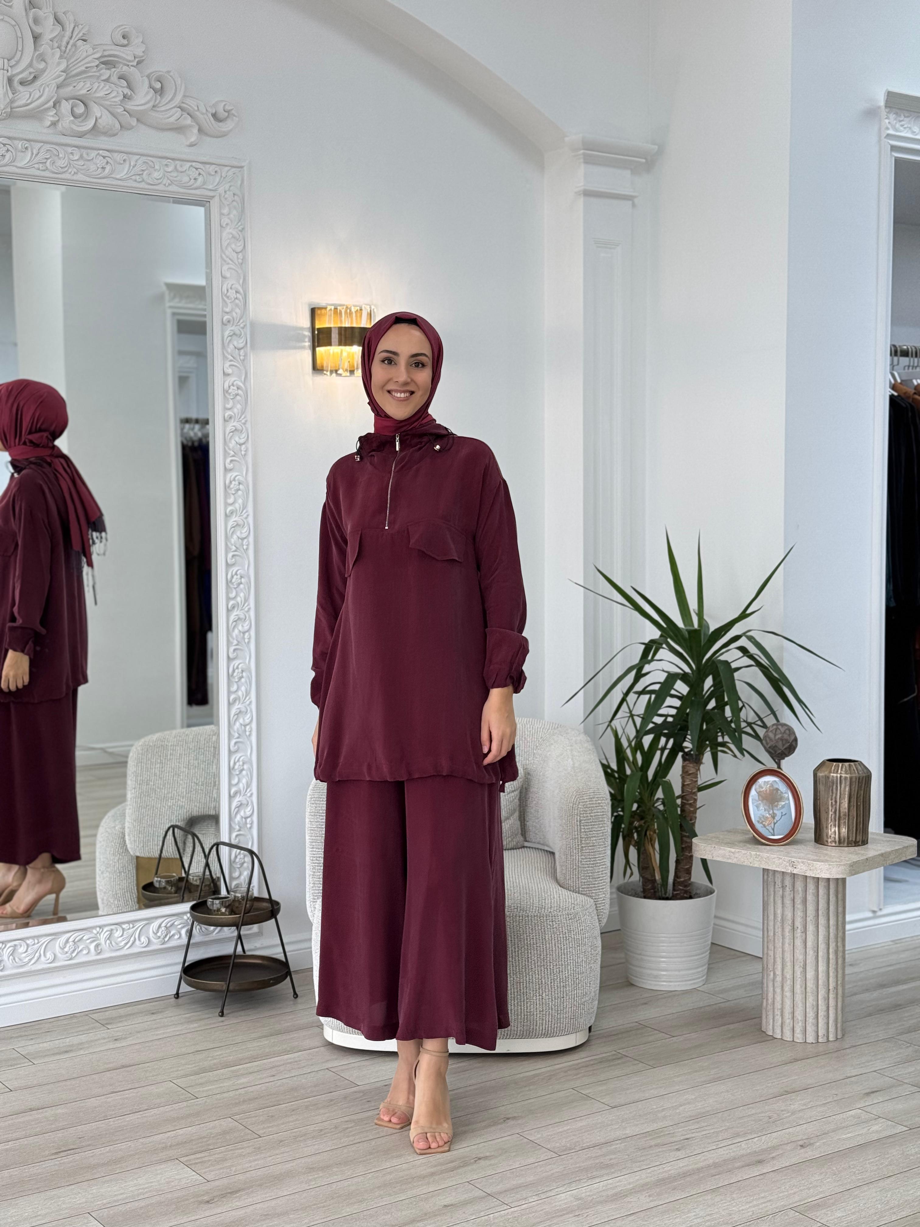 Misswhence Pantolonlu İpek Takım Bordo 37007
