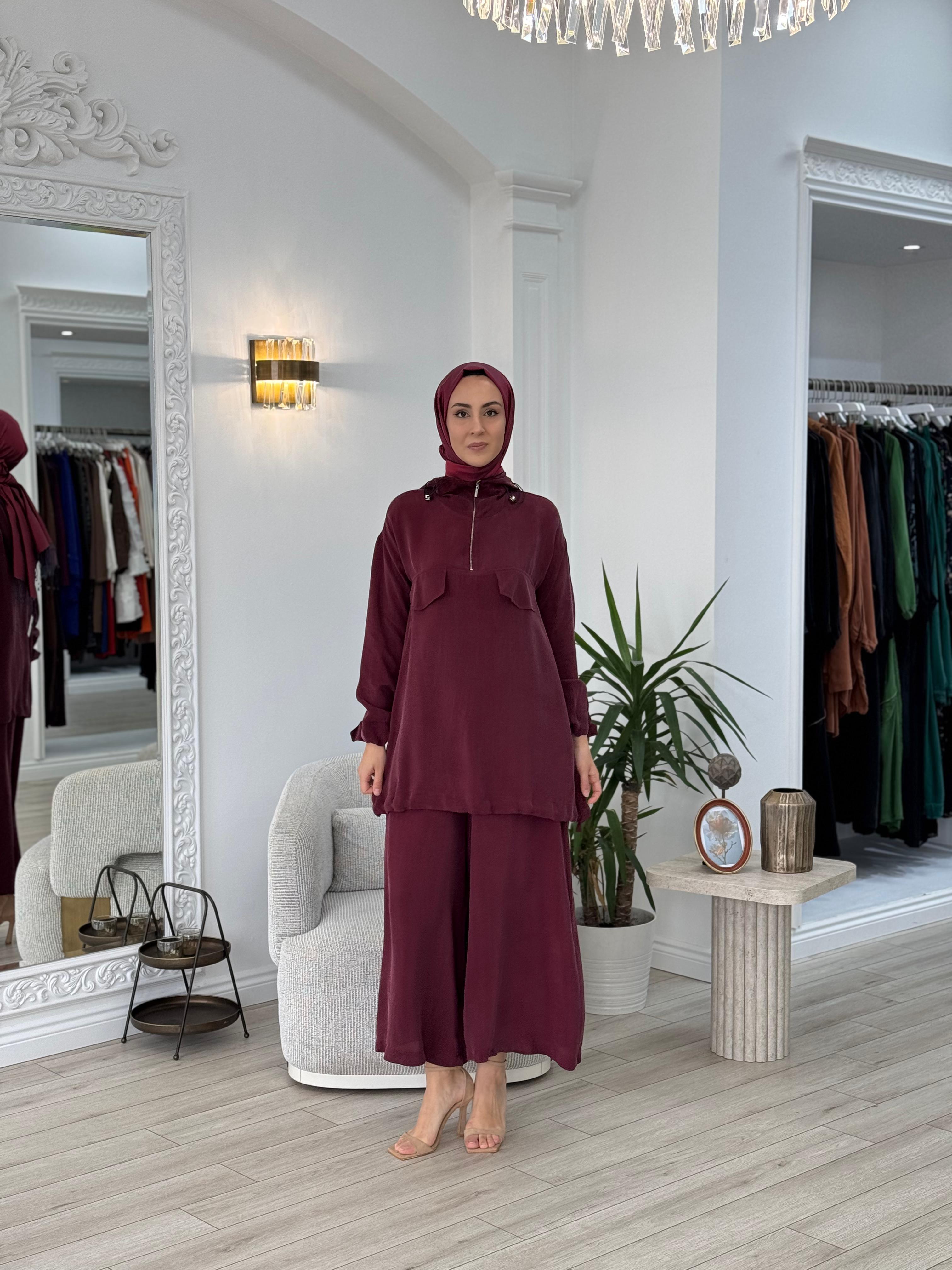 Misswhence Pantolonlu İpek Takım Bordo 37007