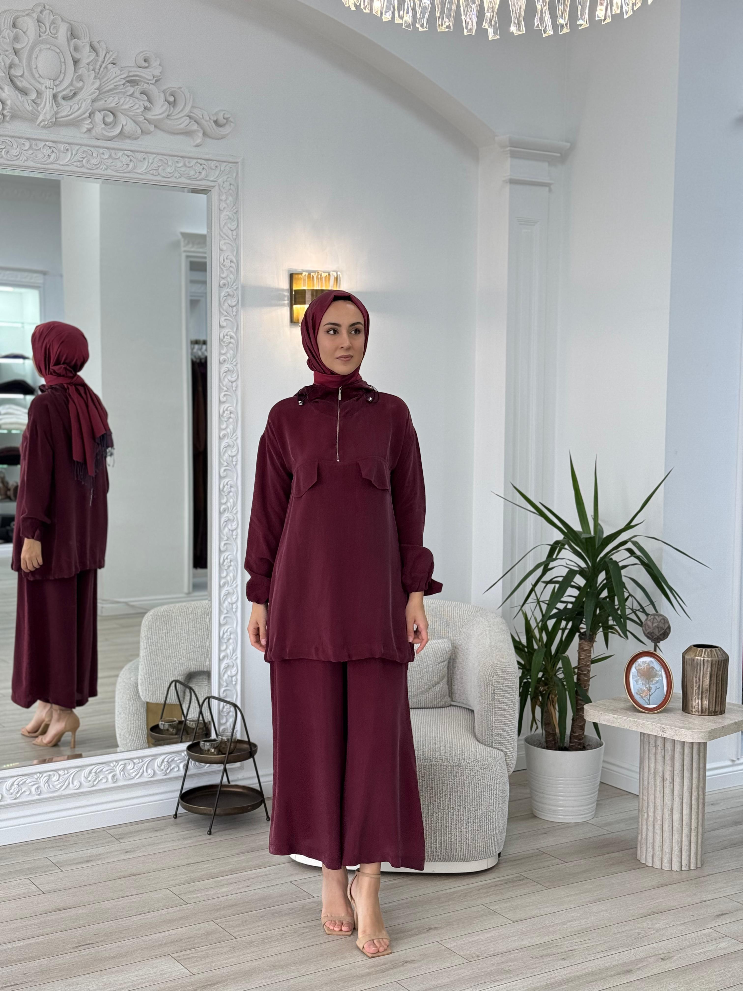 Misswhence Pantolonlu İpek Takım Bordo 37007
