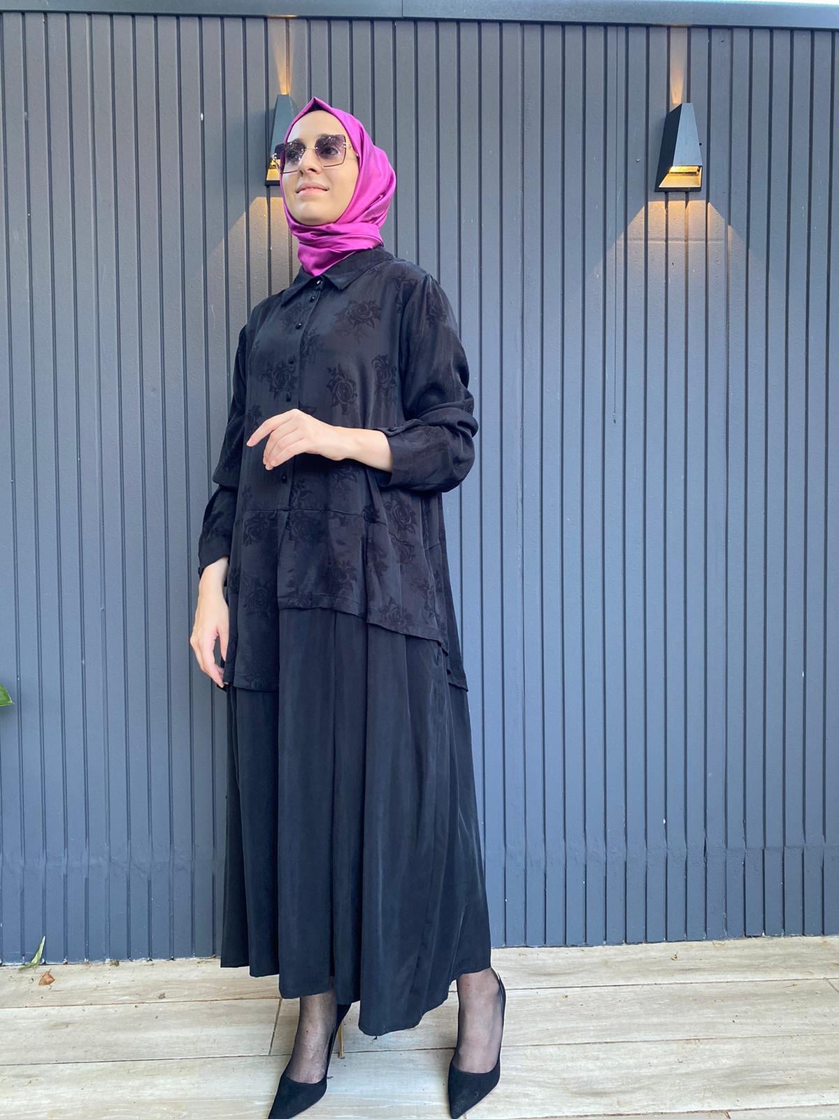 Misswhence Parçalı Siyah Gül Detay İpek Elbise 2820