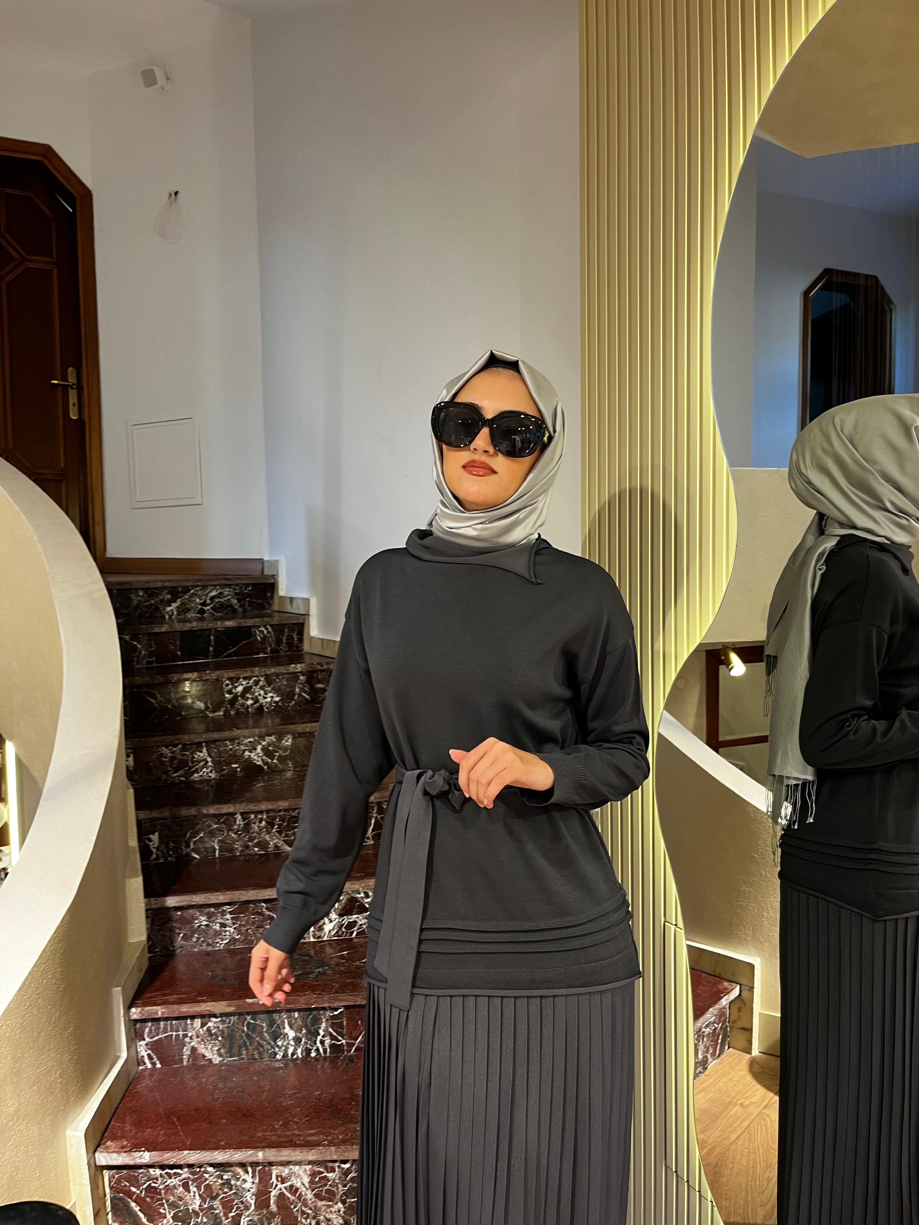 Misswhence Pilise Detaylı Triko Elbise Gri 36813