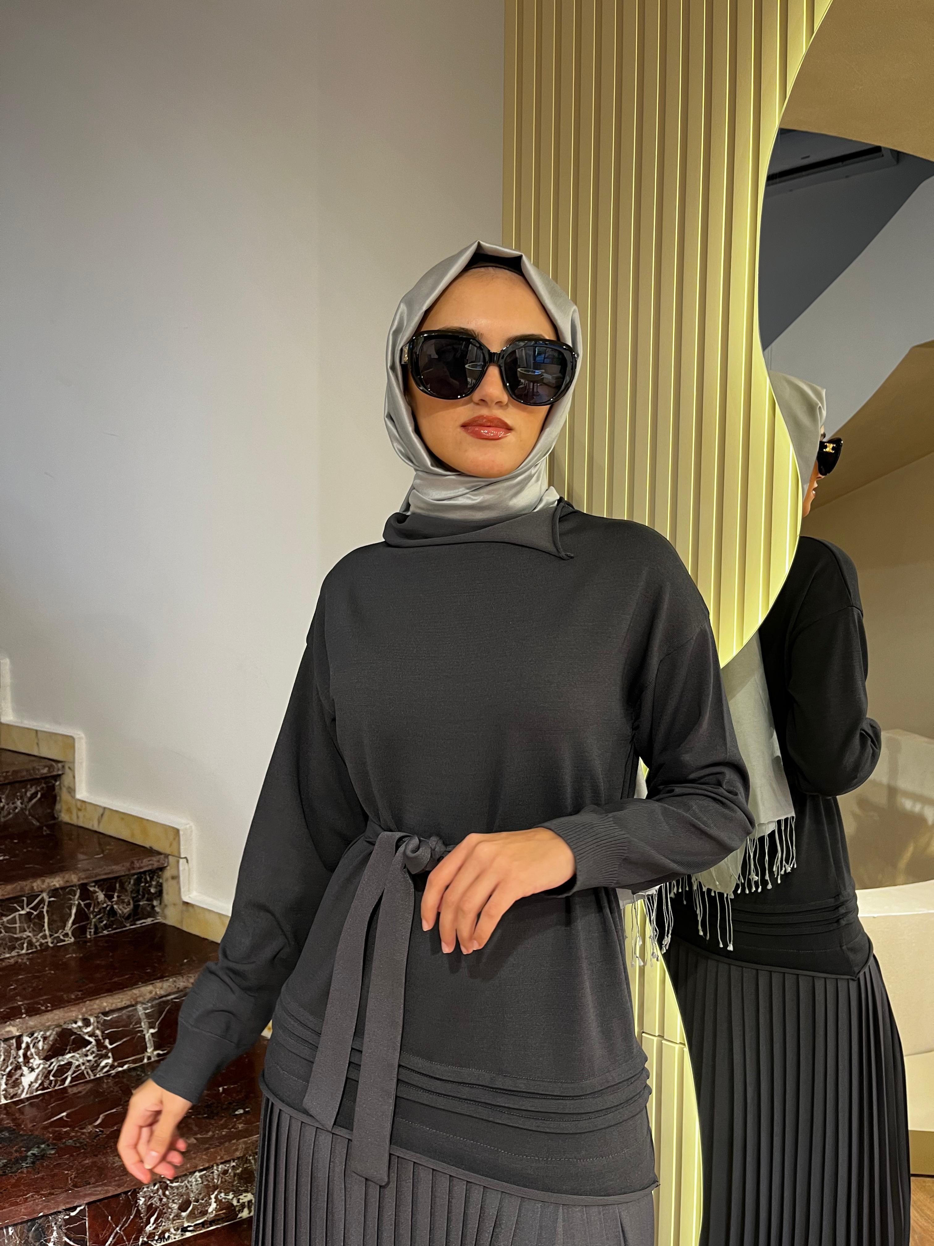 Misswhence Pilise Detaylı Triko Elbise Gri 36813