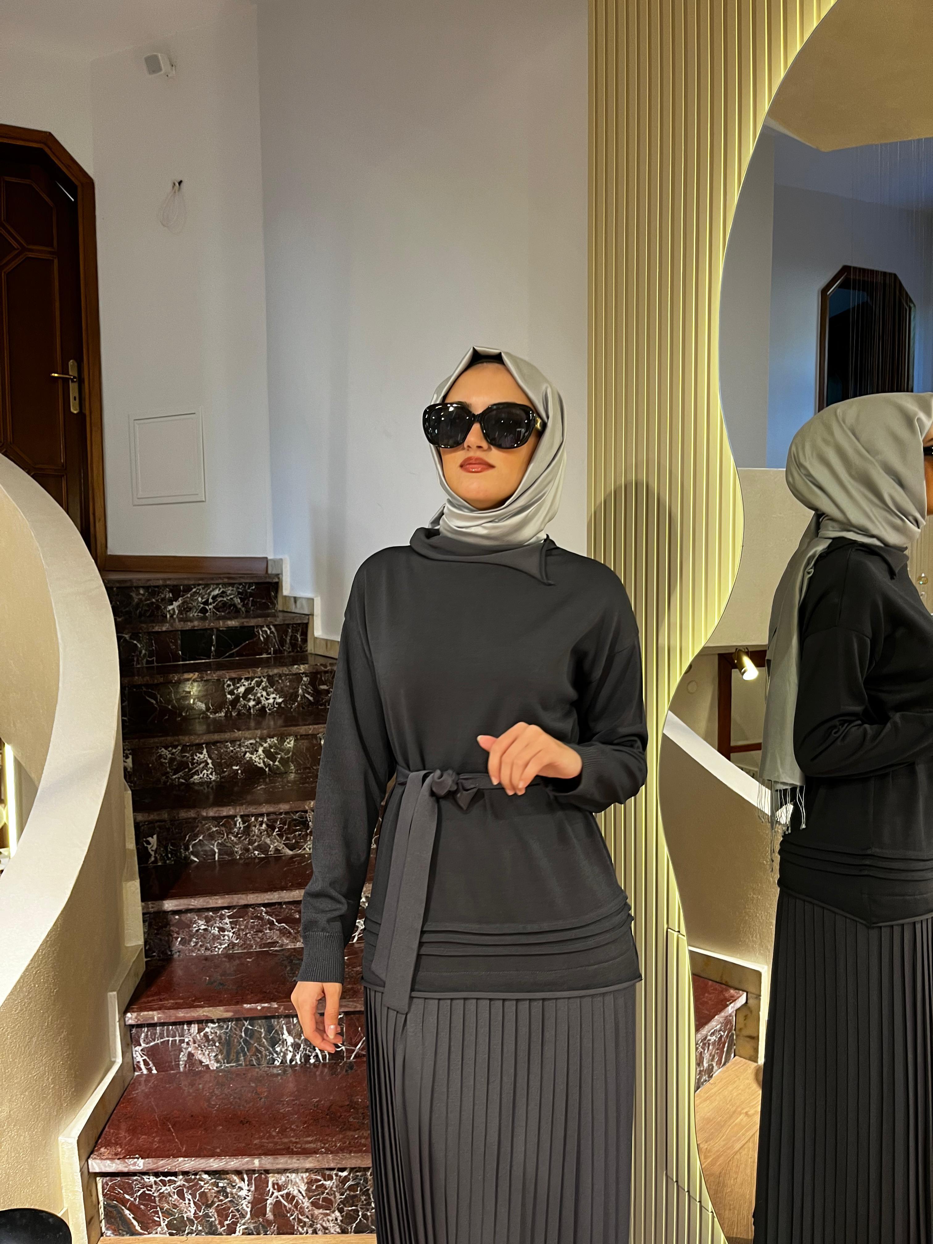 Misswhence Pilise Detaylı Triko Elbise Gri 36813