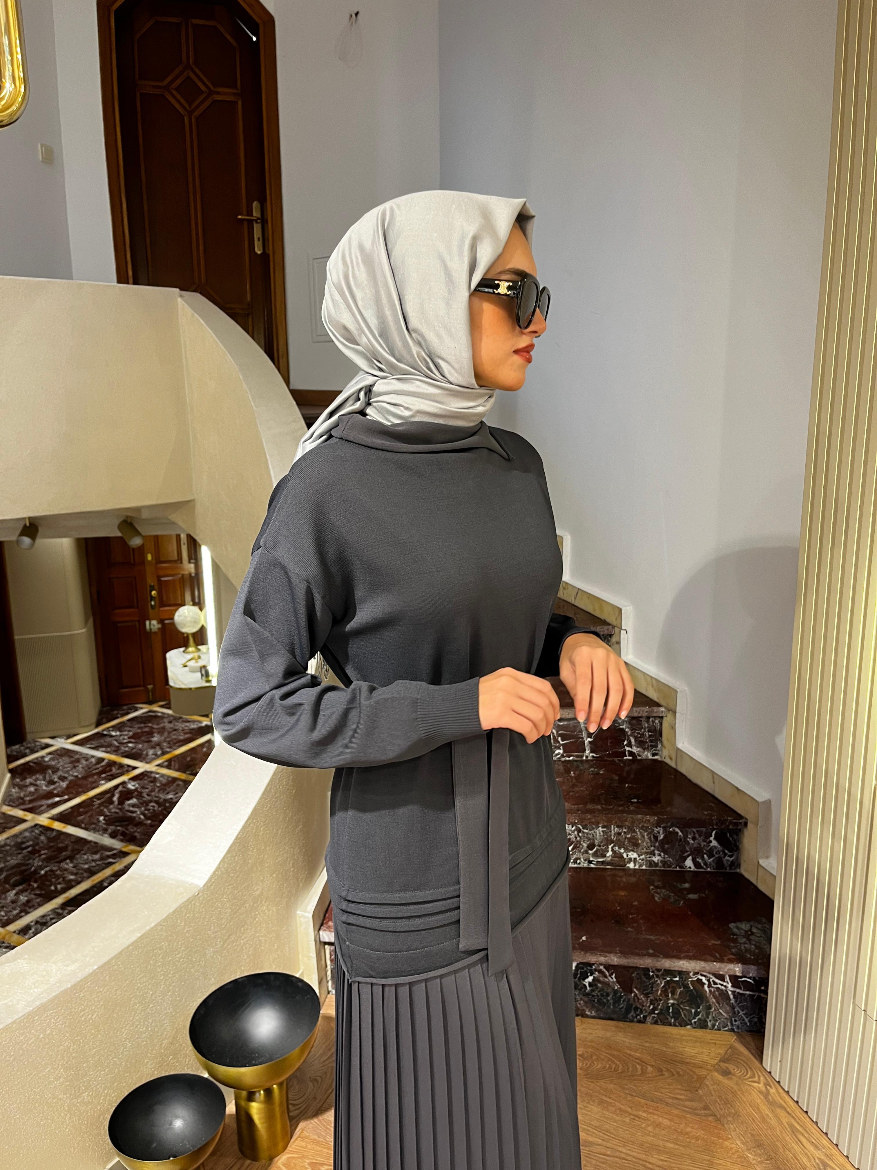 Misswhence Pilise Detaylı Triko Elbise Gri 36813