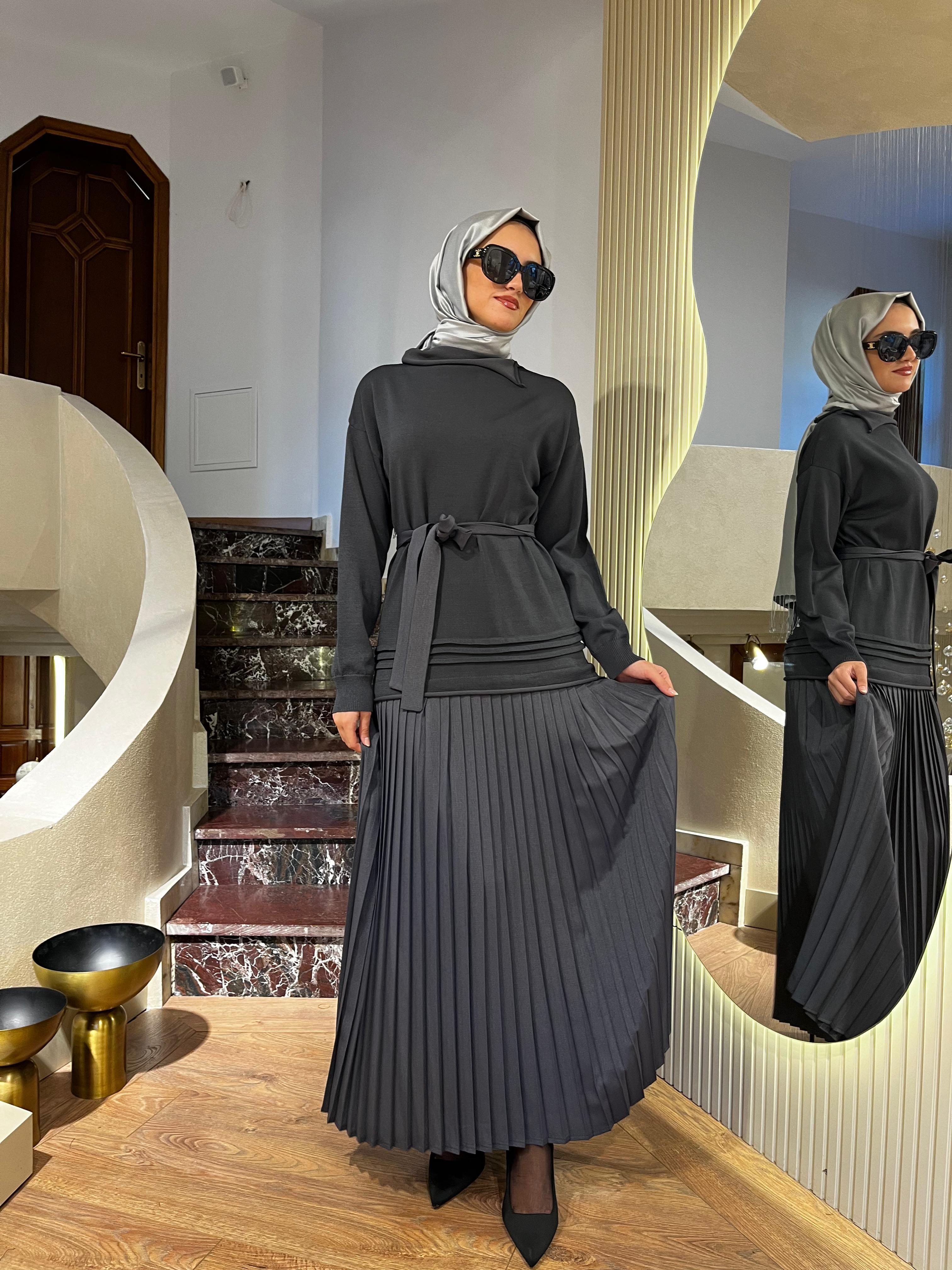 Misswhence Pilise Detaylı Triko Elbise Gri 36813