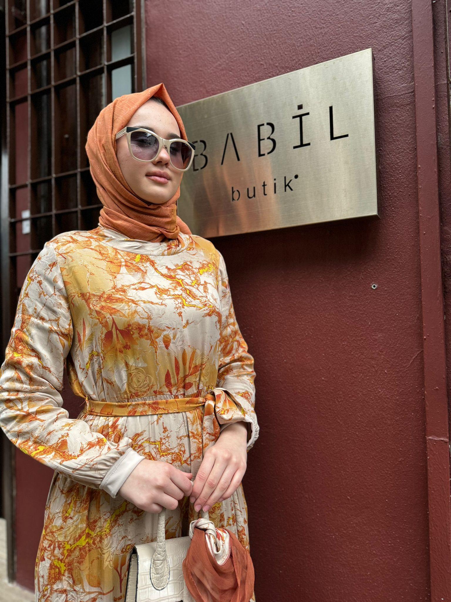 Misswhence Şal Detaylı Desenli Elbise Oranj 35808