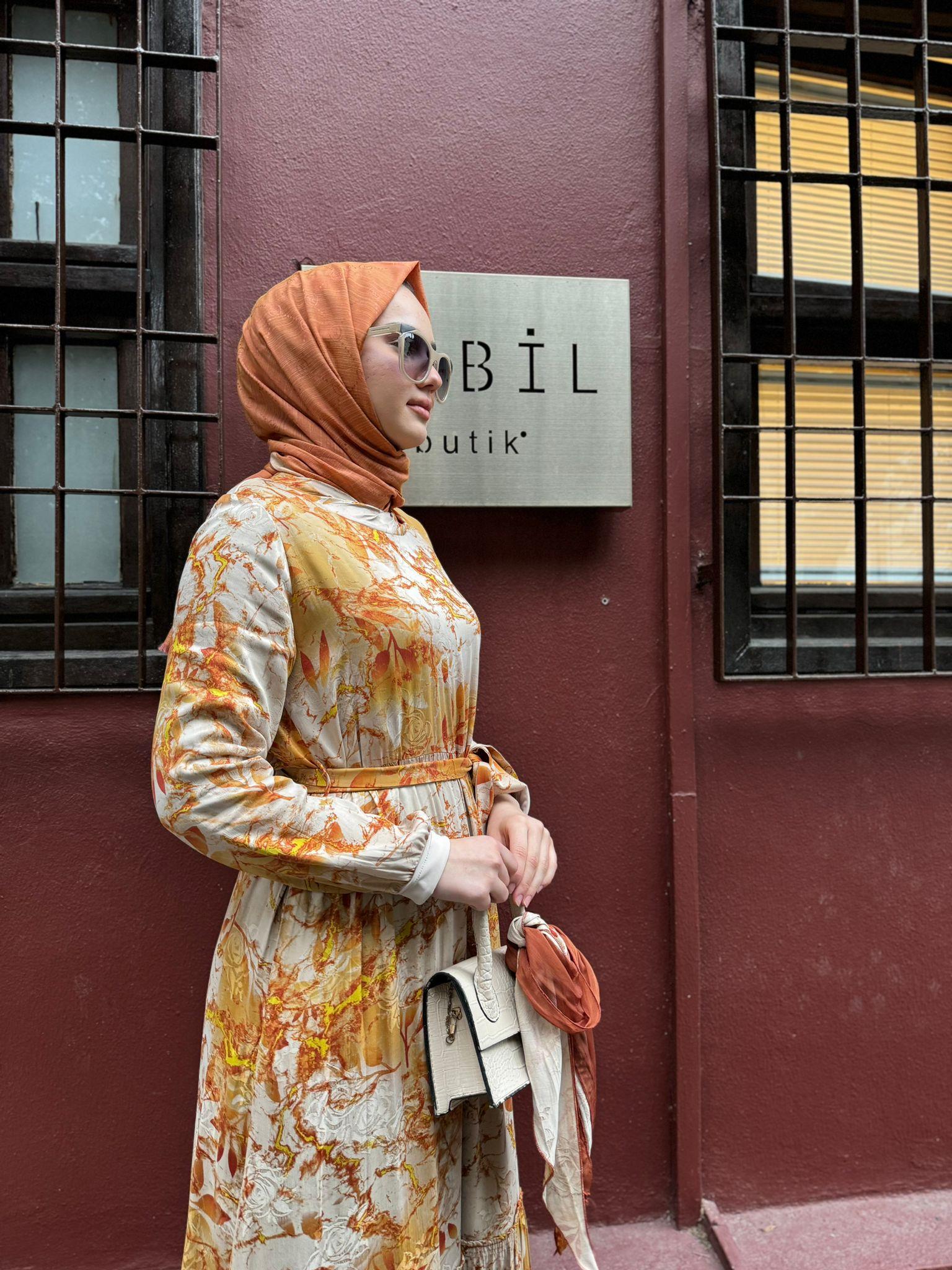 Misswhence Şal Detaylı Desenli Elbise Oranj 35808