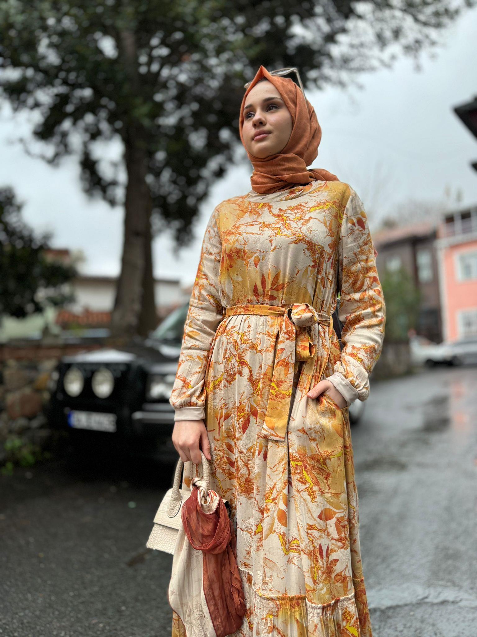 Misswhence Şal Detaylı Desenli Elbise Oranj 35808