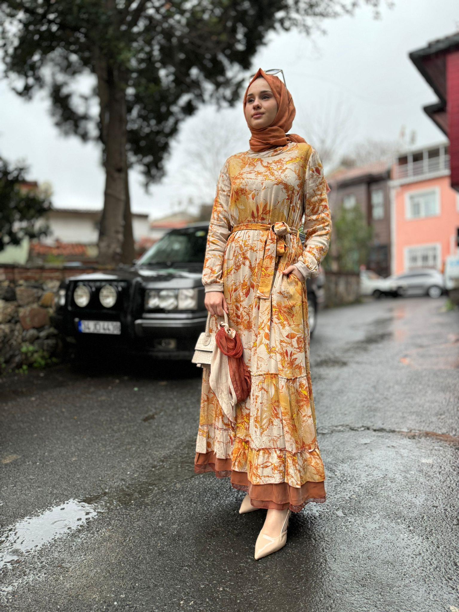 Misswhence Şal Detaylı Desenli Elbise Oranj 35808