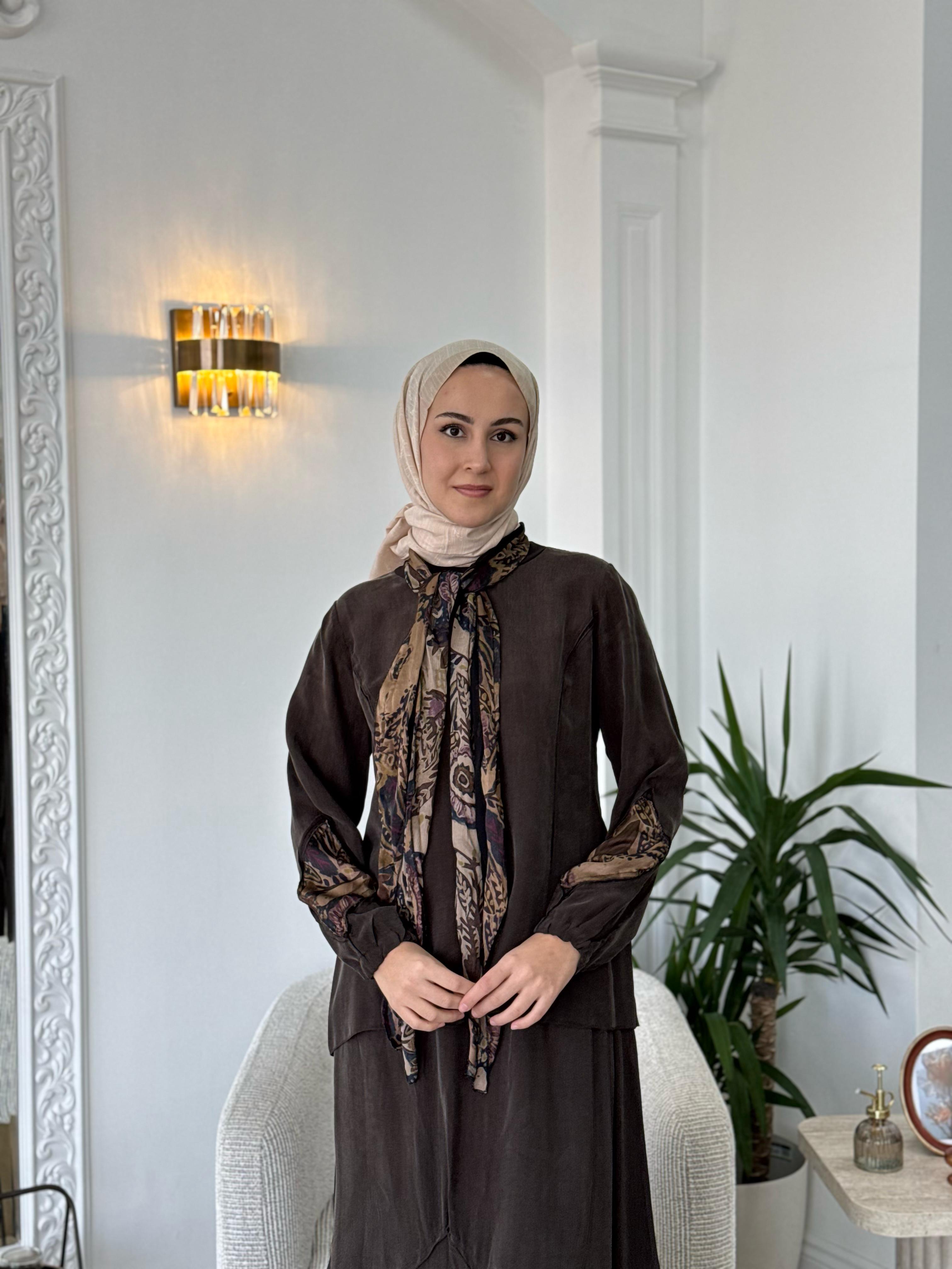 Misswhence Şal Detaylı İpek Takım Kahverengi  37003
