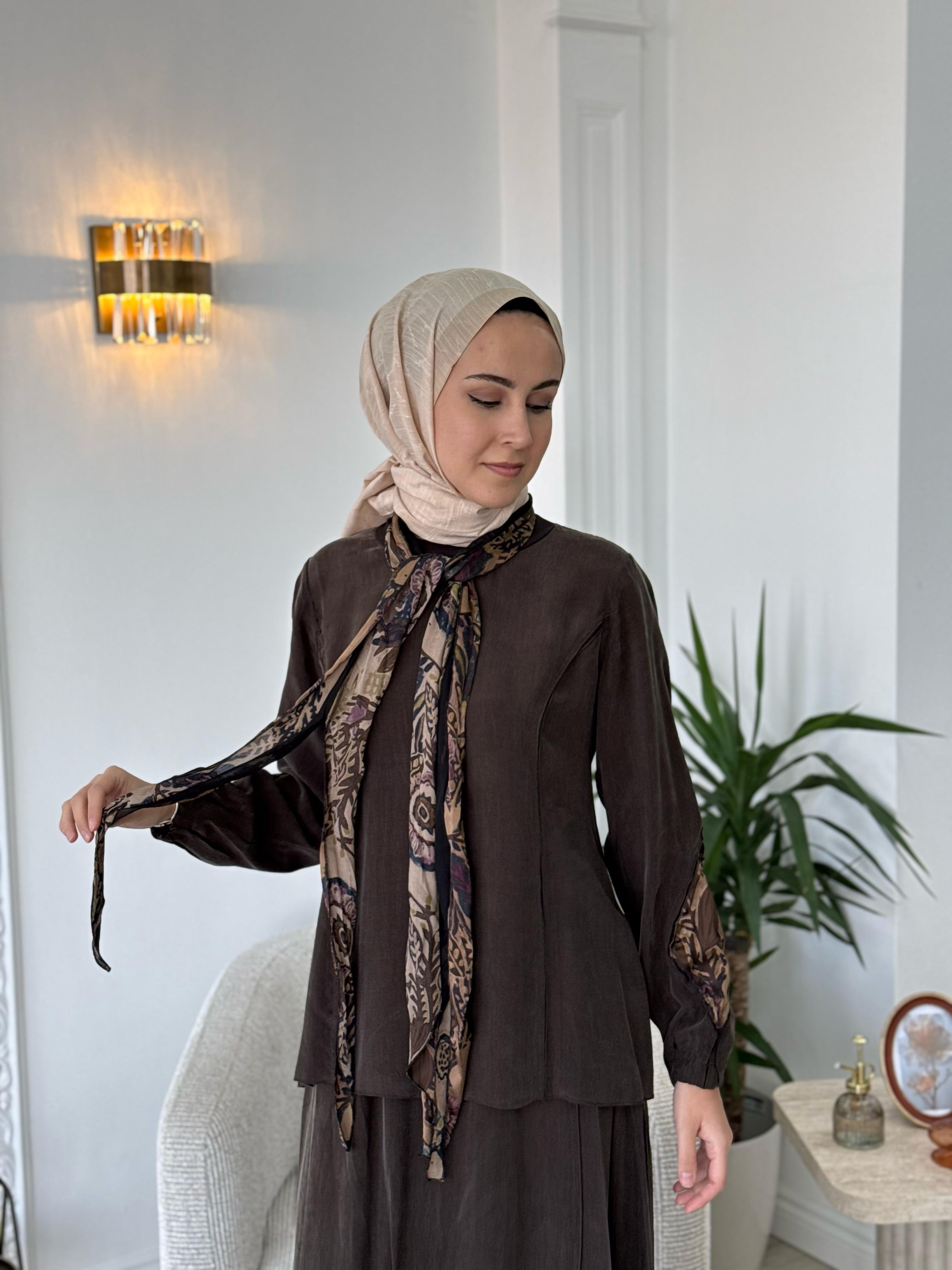 Misswhence Şal Detaylı İpek Takım Kahverengi  37003
