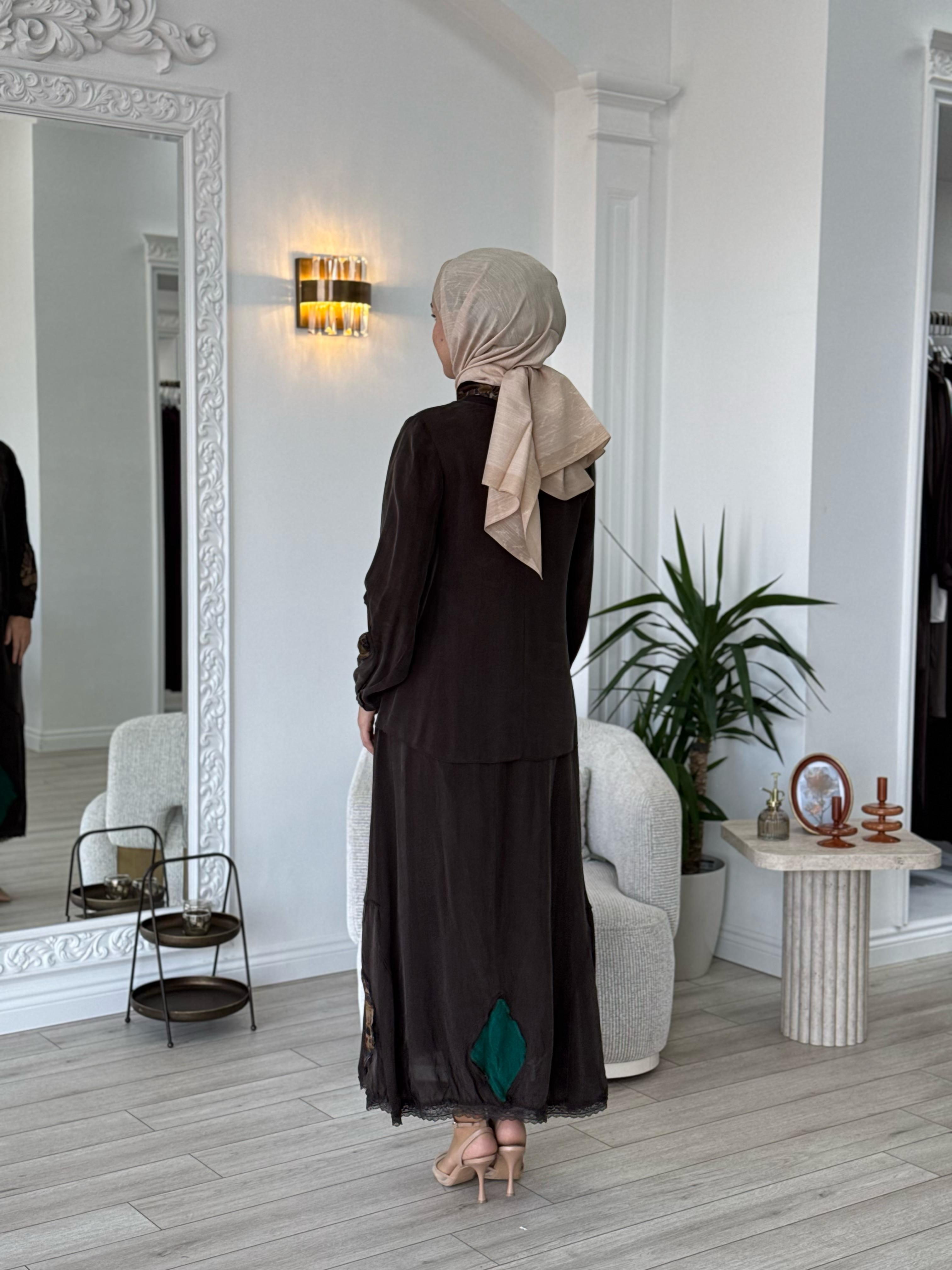 Misswhence Şal Detaylı İpek Takım Kahverengi  37003