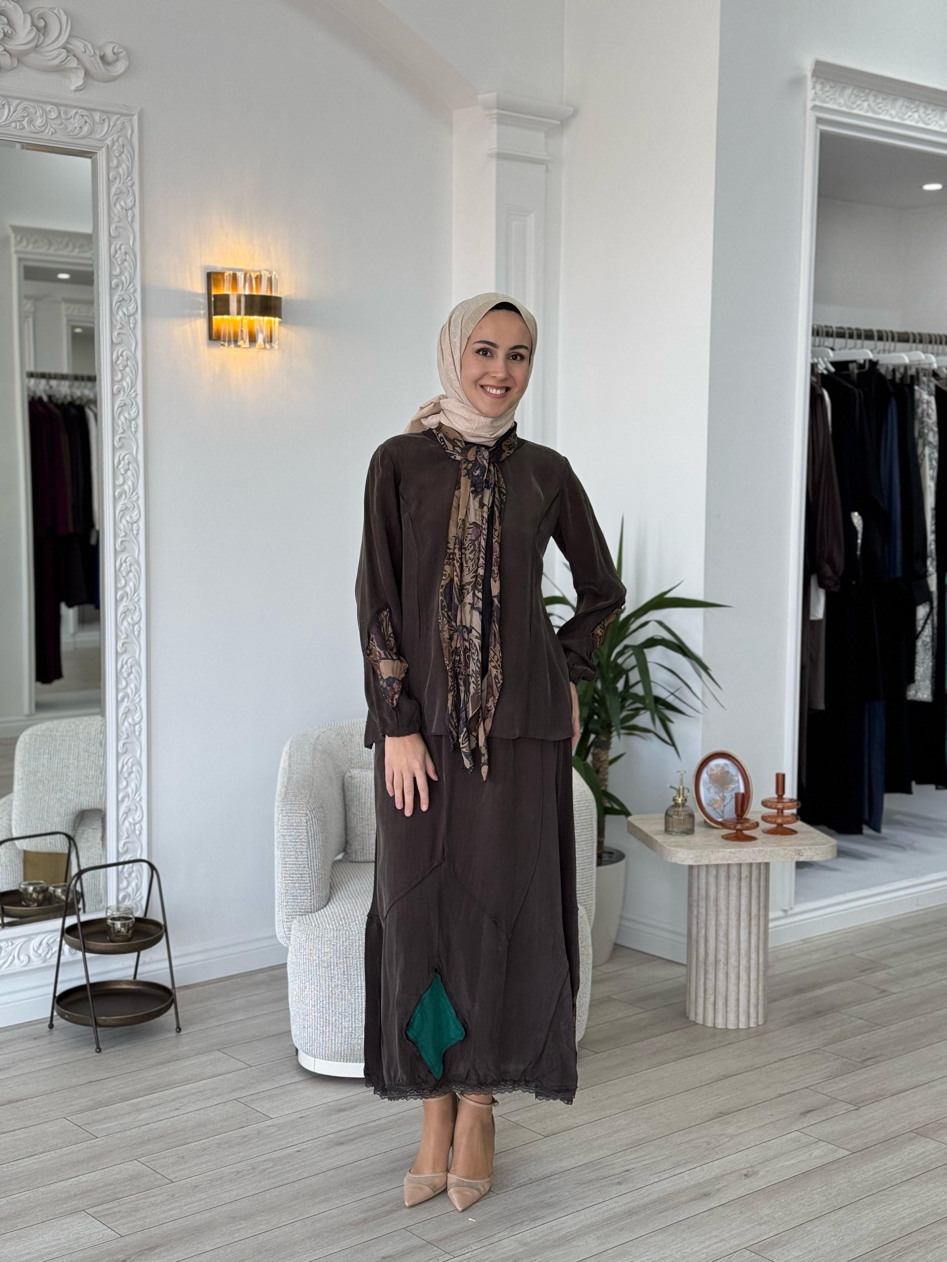 Misswhence Şal Detaylı İpek Takım Kahverengi  37003