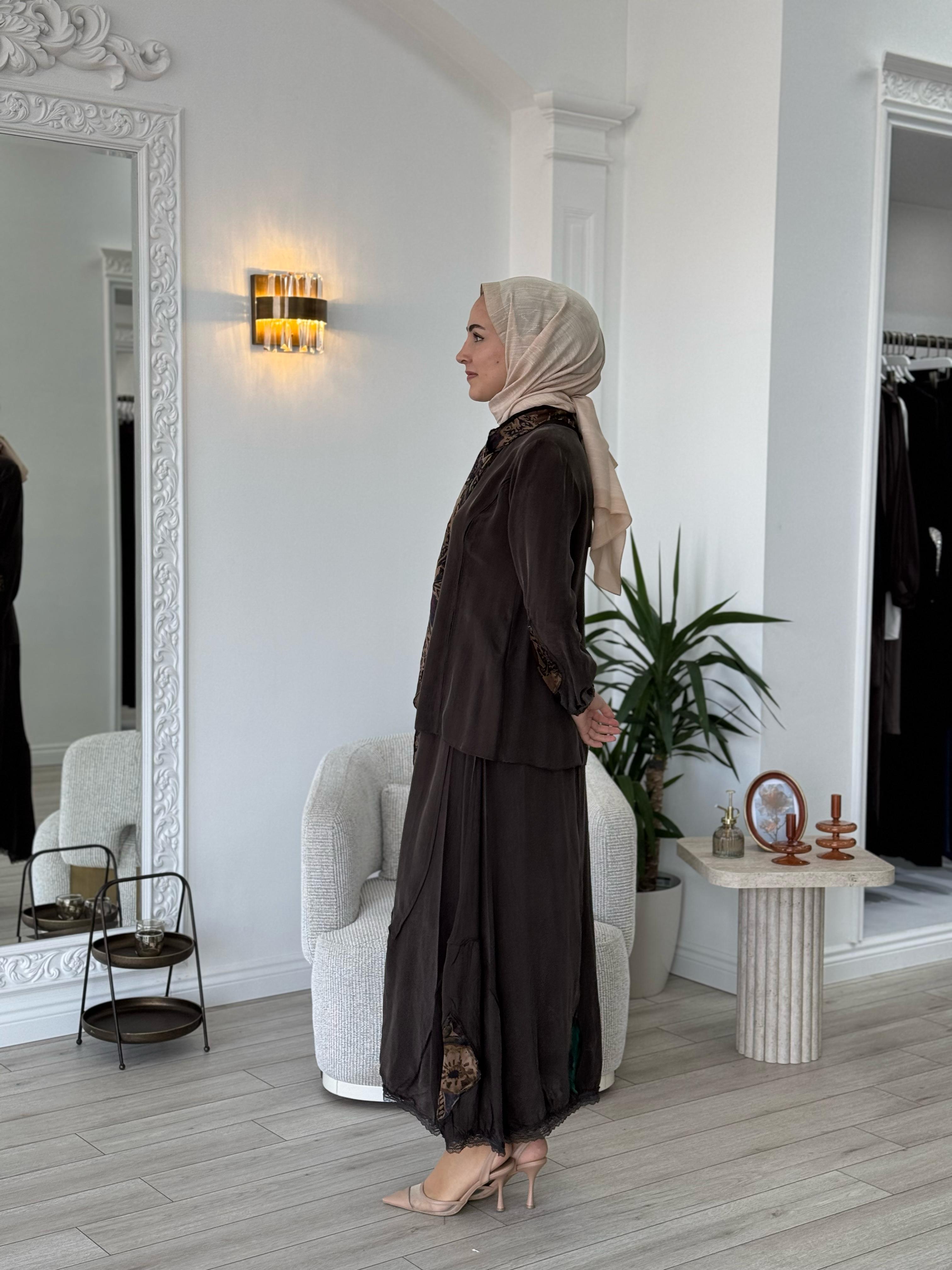 Misswhence Şal Detaylı İpek Takım Kahverengi  37003
