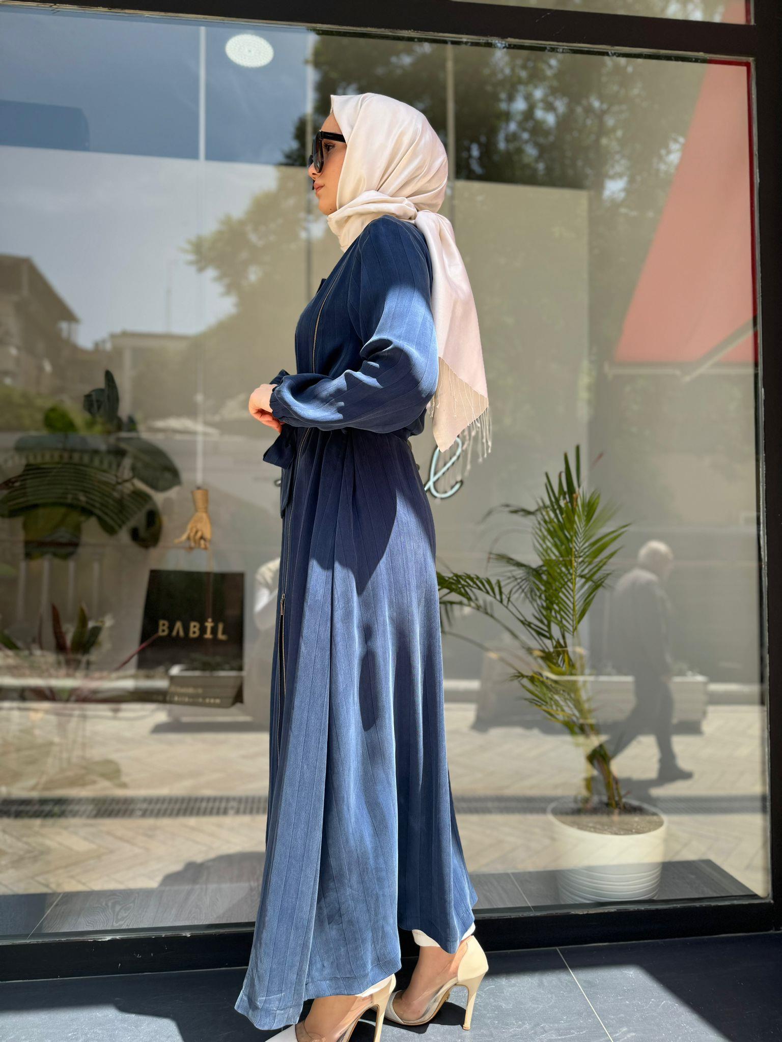 Misswhence Şeritli Fermuarlı Ferace indigo 35505