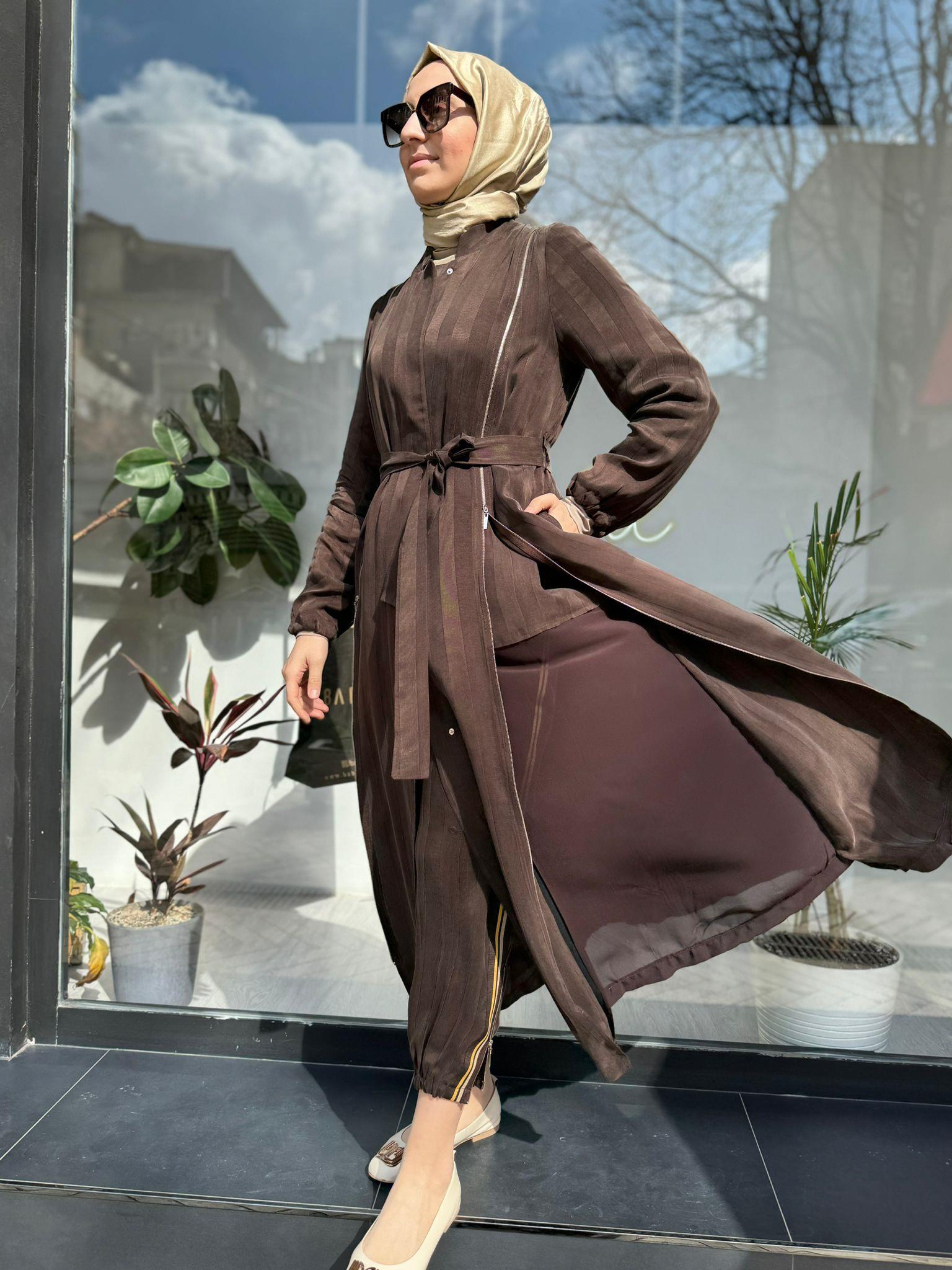 Misswhence Şeritli Fermuarlı Ferace Kahve 35505