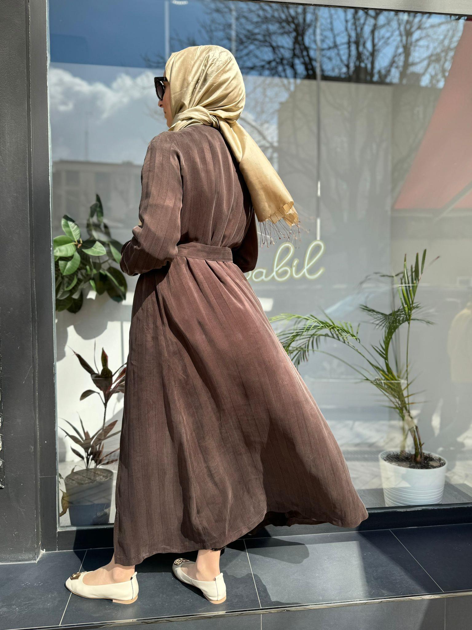 Misswhence Şeritli Fermuarlı Ferace Kahve 35505